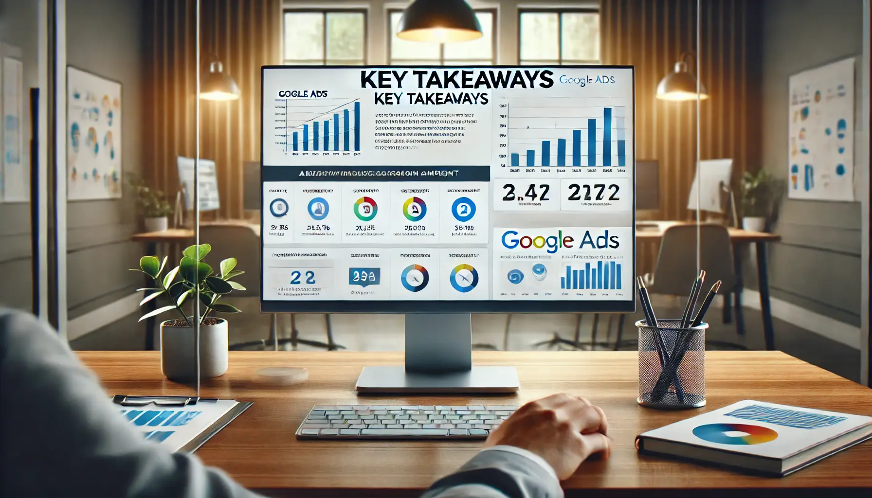 Digital marketer reviewing key takeaways from a Google Ads campaign report.