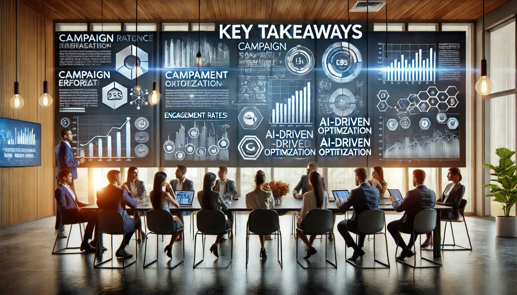 Professionals analyzing key insights and takeaways from campaign performance, with data visualizations and key metrics displayed on large screens.