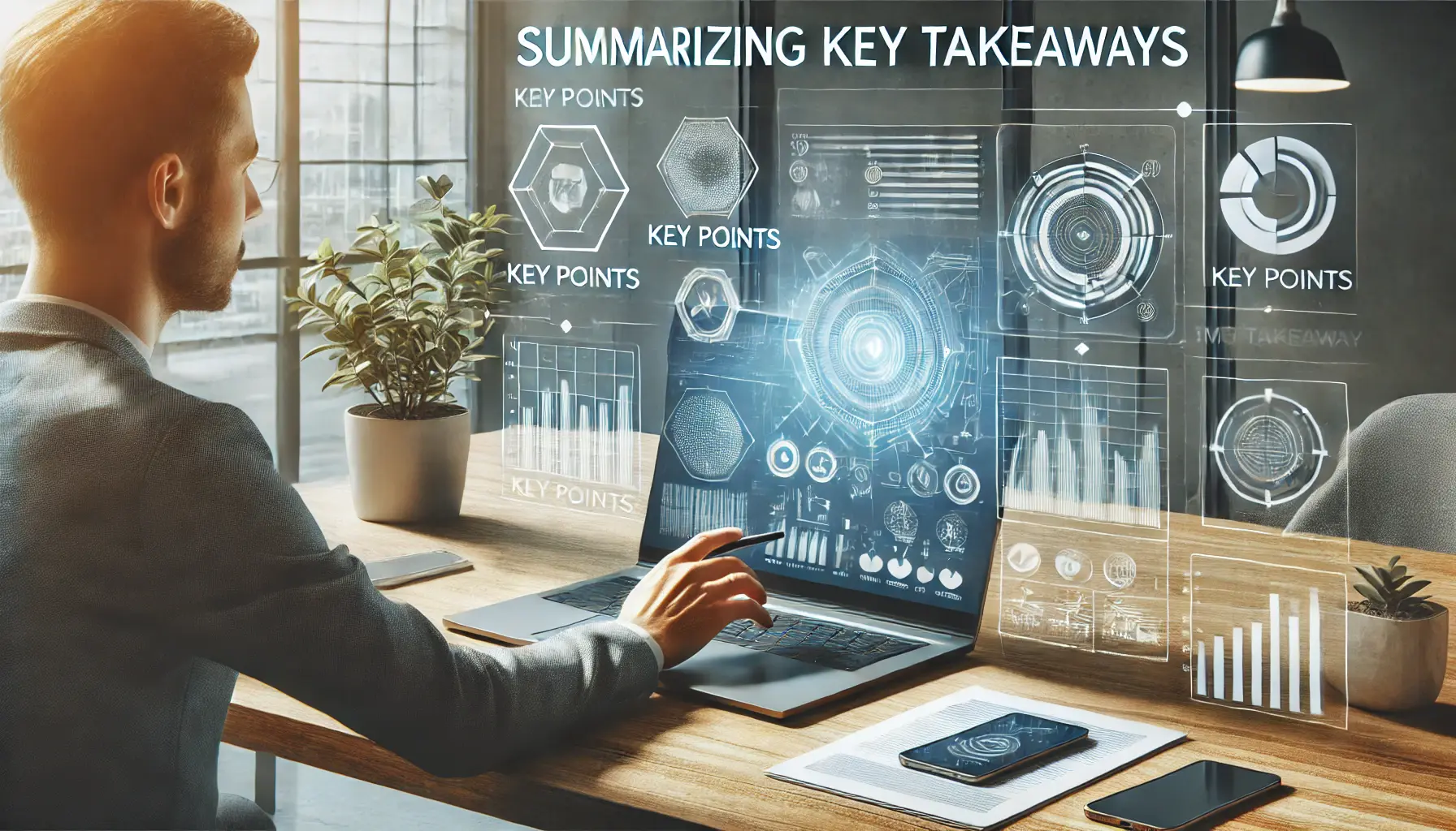 A person summarizing key takeaways on a laptop in a modern office, symbolizing the process of reviewing important points.