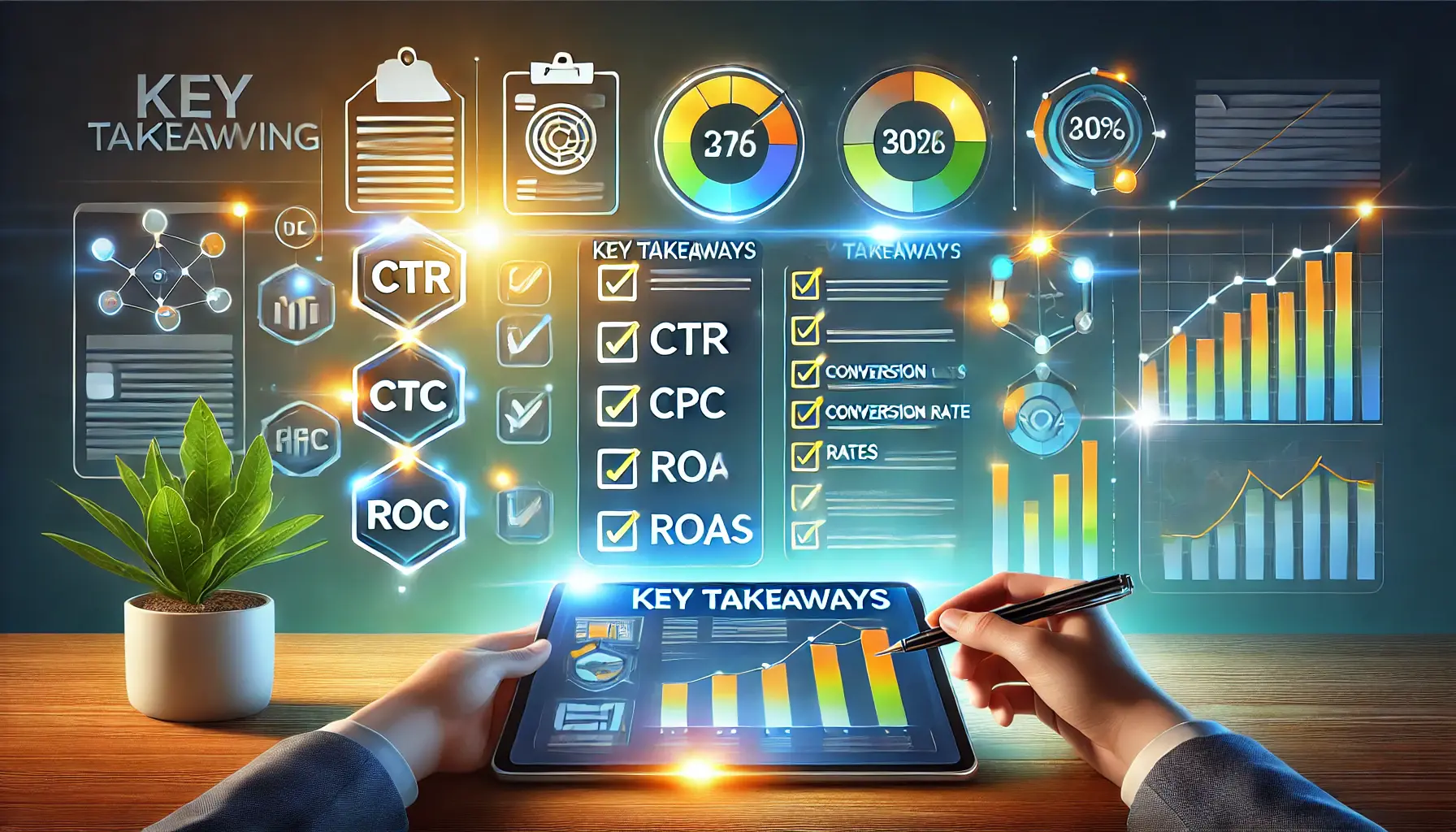 Checklist with icons for CTR, CPC, Conversion Rates, and ROAS surrounded by abstract charts and glowing highlights.