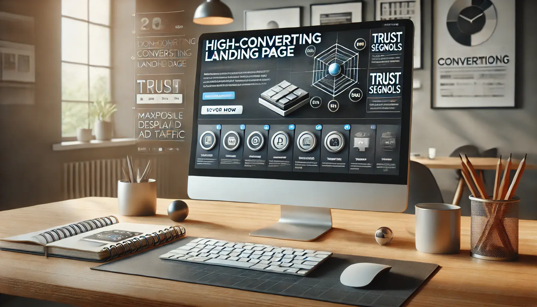A workspace with a computer displaying a high-converting landing page with a strong call-to-action button, trust signals, and a responsive design.