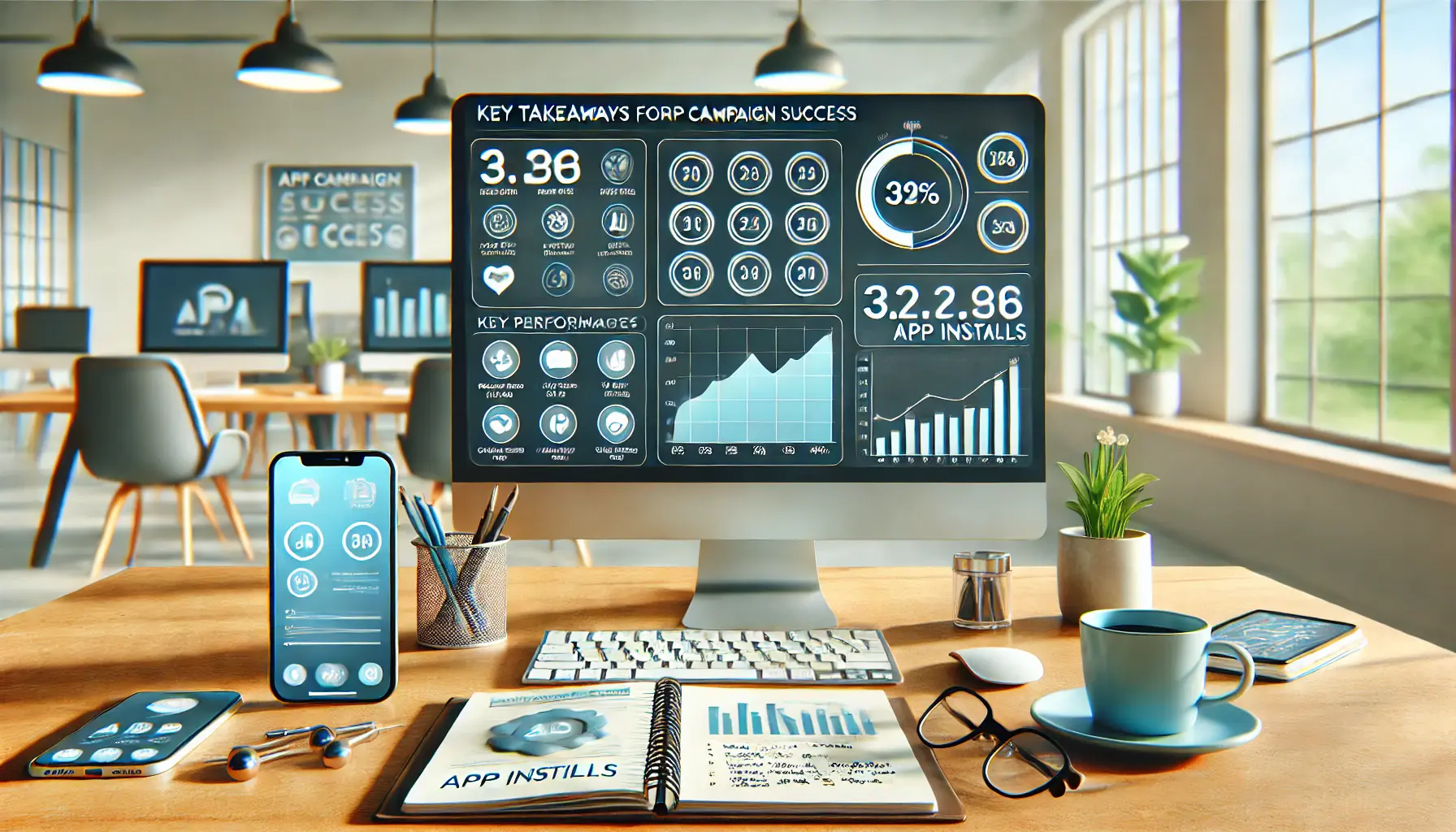 A workspace with a computer displaying key performance metrics for app campaign success, such as conversion rates and app installs.