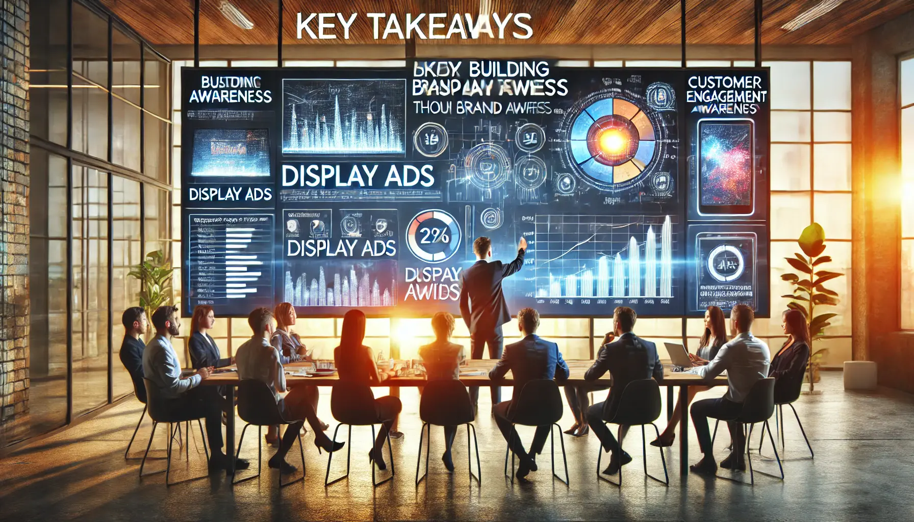 A digital marketing team discussing key takeaways for building brand awareness through display ads, with a strategy presentation on a large screen.