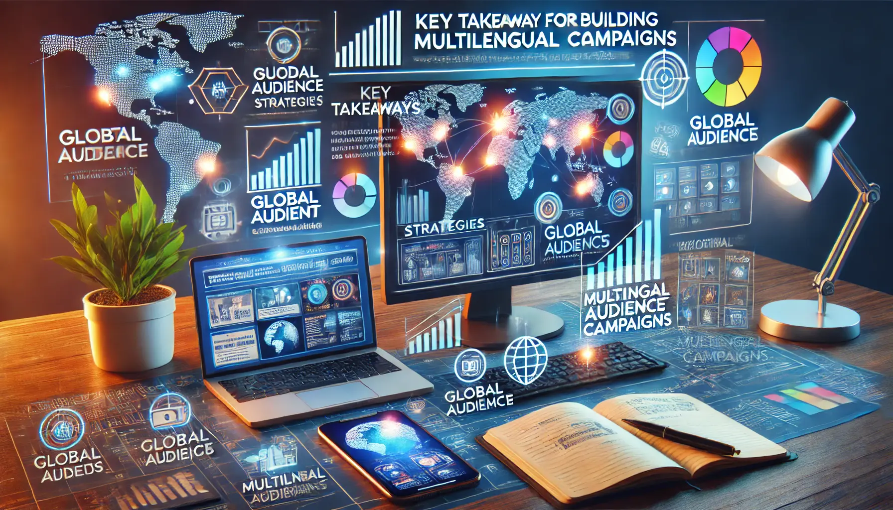 Workspace with a computer displaying campaign strategies, charts, and global audience data.