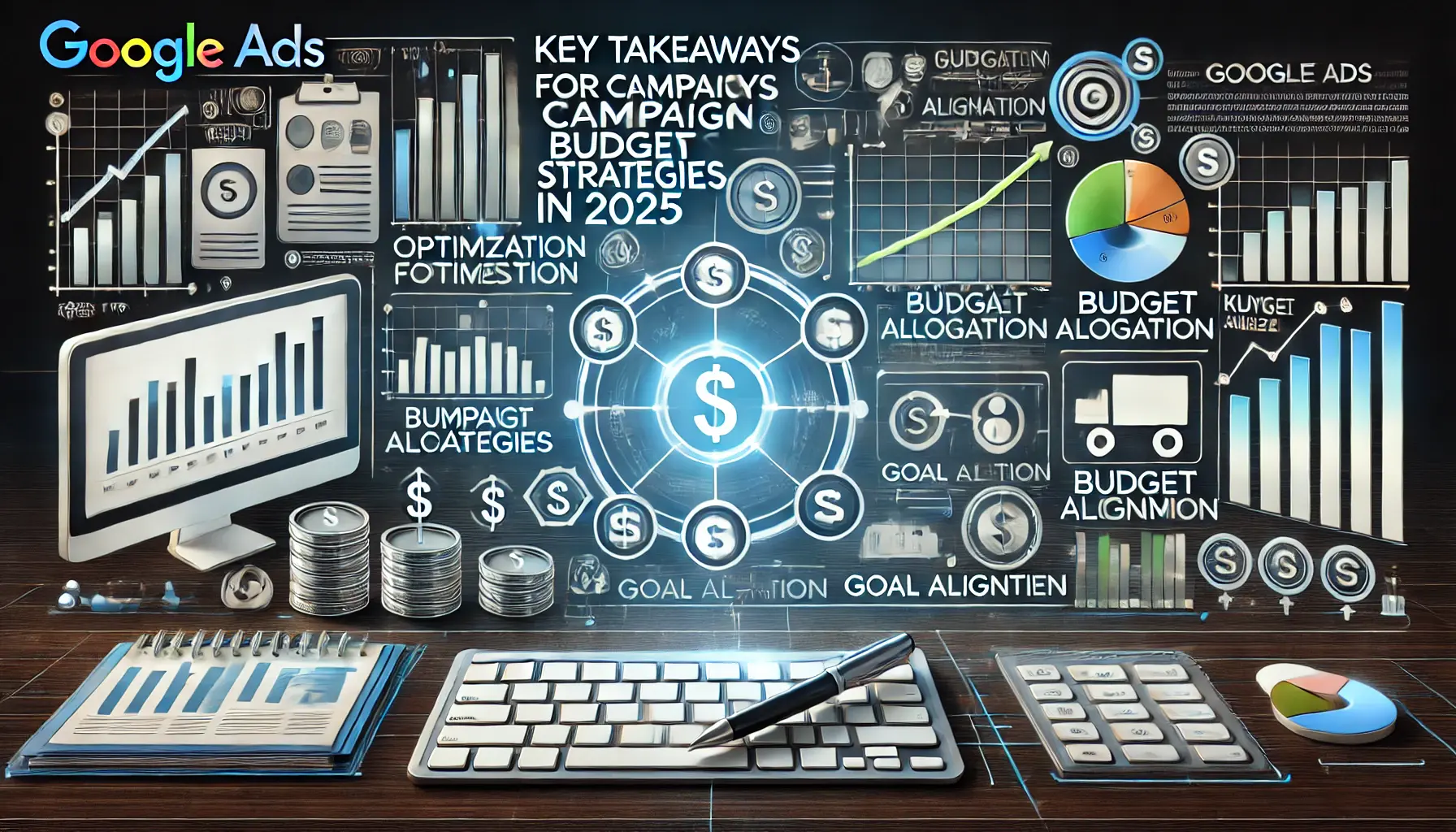 Digital workspace showing graphs, dollar signs, and budget allocation charts representing key campaign budget strategies for 2025.