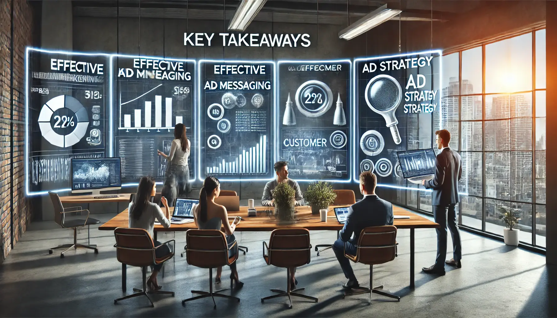 Marketing team analyzing key insights and ad strategy results in a modern workspace with visual elements like charts and graphs.