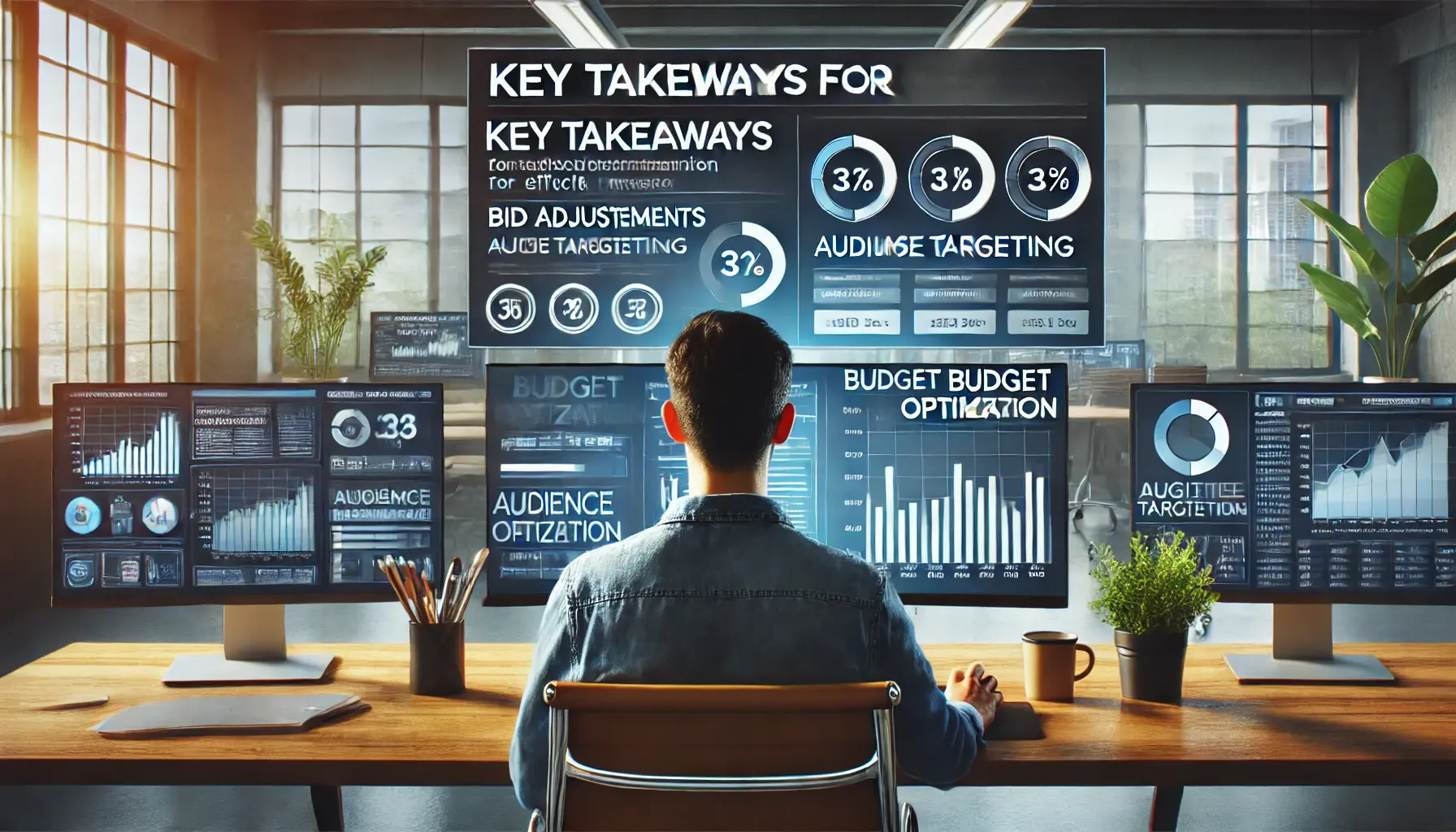 A digital marketing professional reviewing key takeaways for budget optimization on a computer screen, with performance data, graphs, and strategic elements like bid adjustments and cost analysis in a modern office setting.