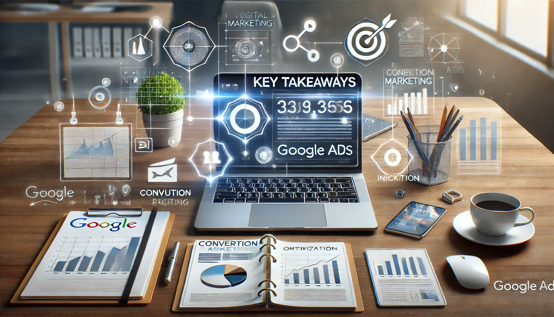 A laptop displaying key digital marketing metrics like conversion rates, surrounded by visual elements like graphs, charts, and success icons.