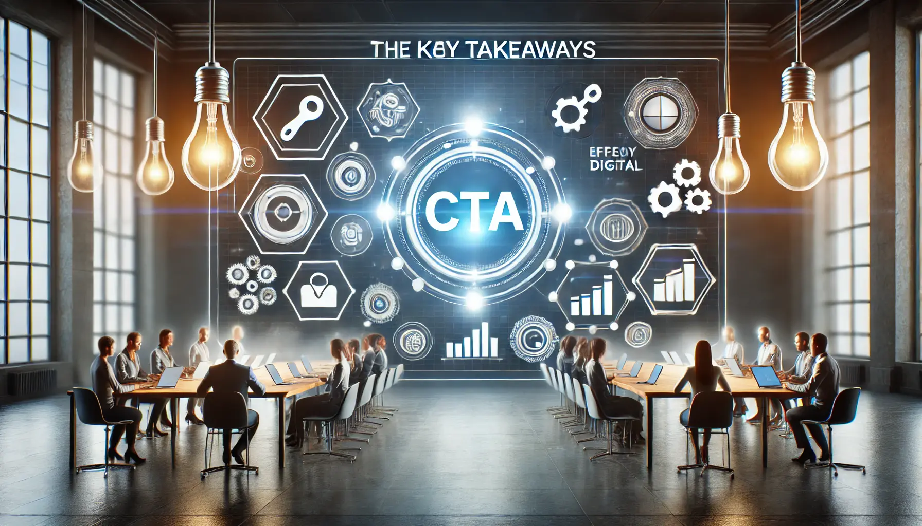 A well-organized workspace displaying various CTA elements like buttons, sliders, and icons, with visual symbols of strategy and optimization.