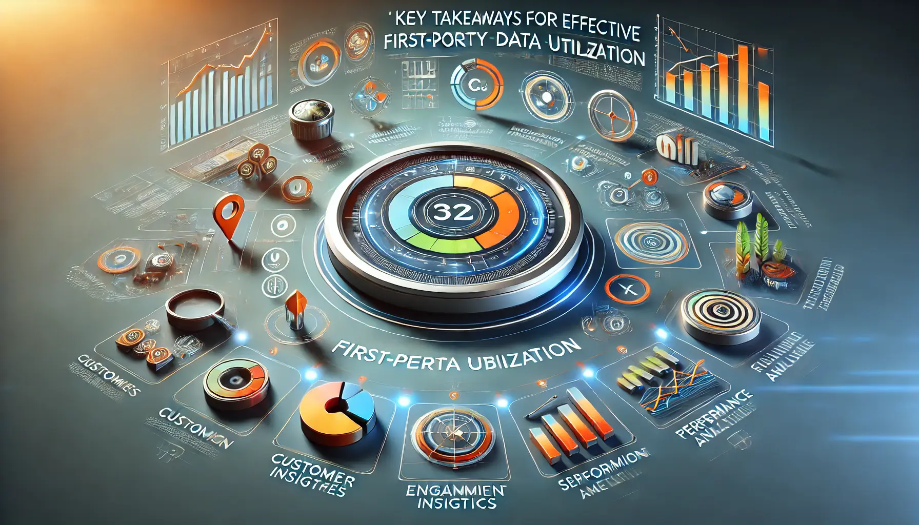 An illustration depicting key takeaways for effective first-party data utilization, featuring a digital dashboard with customer insights and metrics.