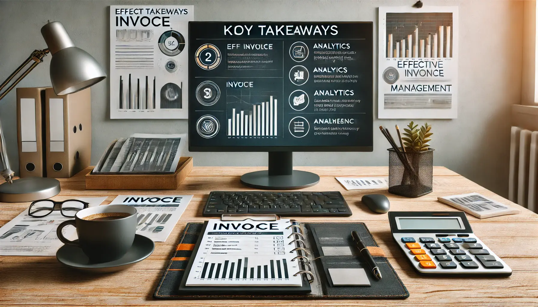 A workspace featuring a desktop screen with a checklist of invoice best practices, a tablet displaying analytics graphs, and a planner with notes, symbolizing actionable strategies for effective invoice management.