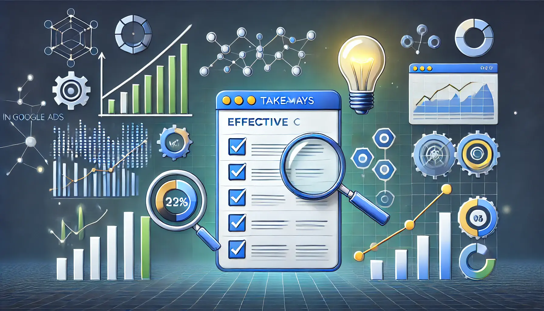 A digital dashboard with a checklist, performance analytics, and upward-trending graphs, surrounded by a magnifying glass and light bulb symbolizing best practices and insights.