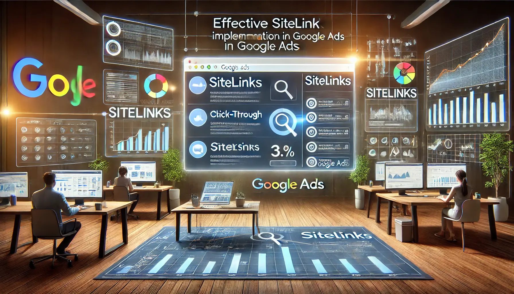 A Google Ads dashboard showing optimized sitelinks with performance metrics like click-through rates and conversion rates being analyzed.