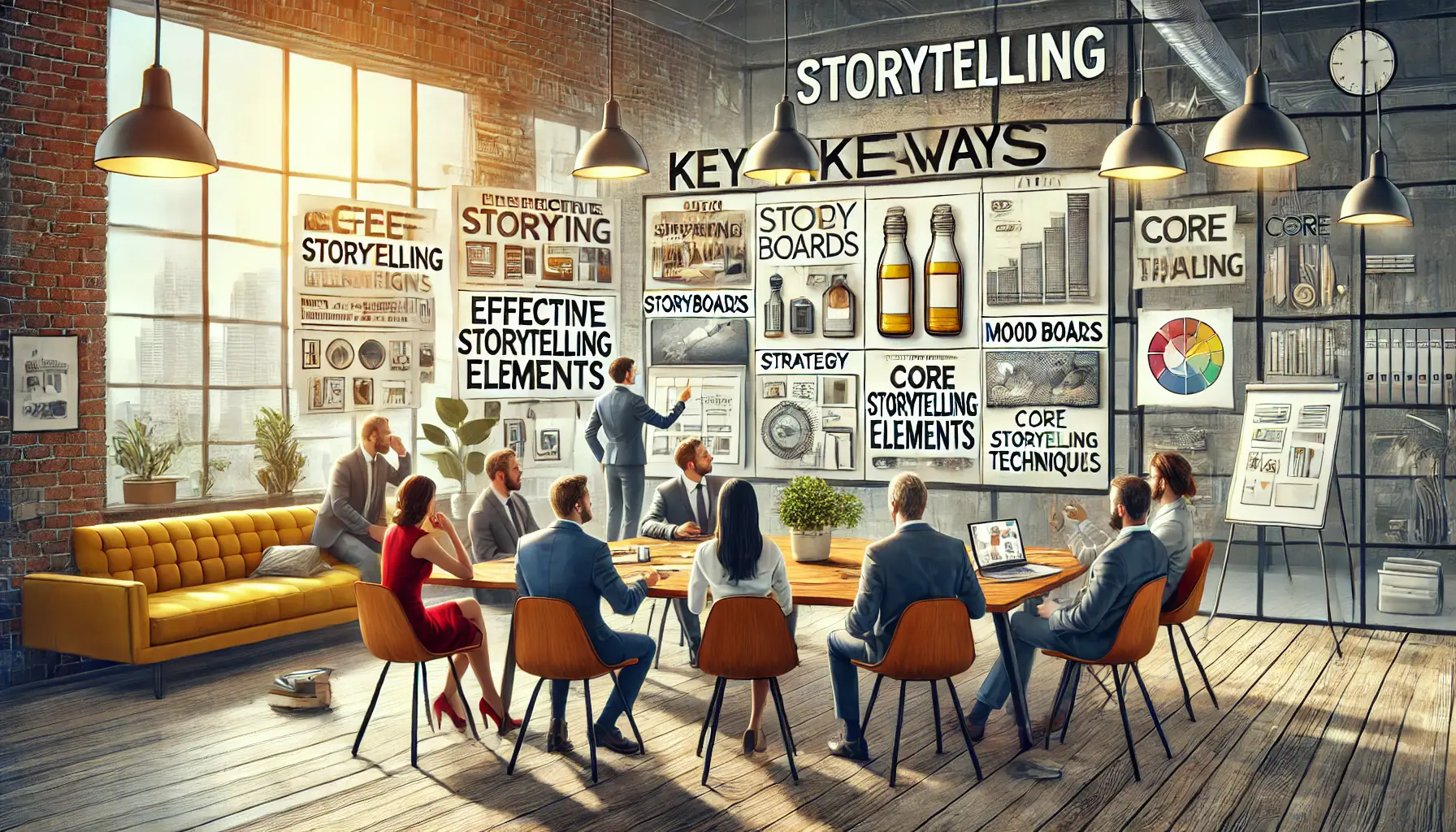 A team of professionals analyzing and discussing core storytelling elements in advertising, reviewing storyboards, mood boards, and digital screens.