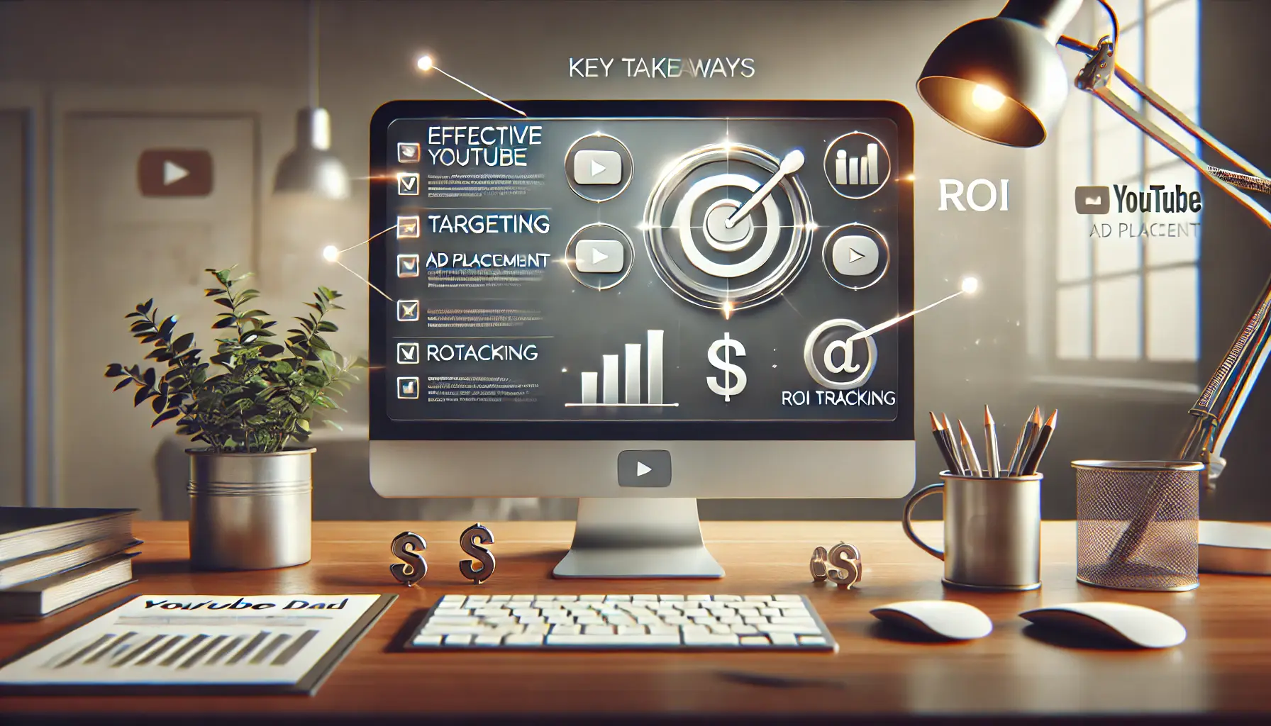 A computer screen displaying a checklist with key points like targeting, ad placement options, and ROI tracking, surrounded by icons for ad effectiveness.