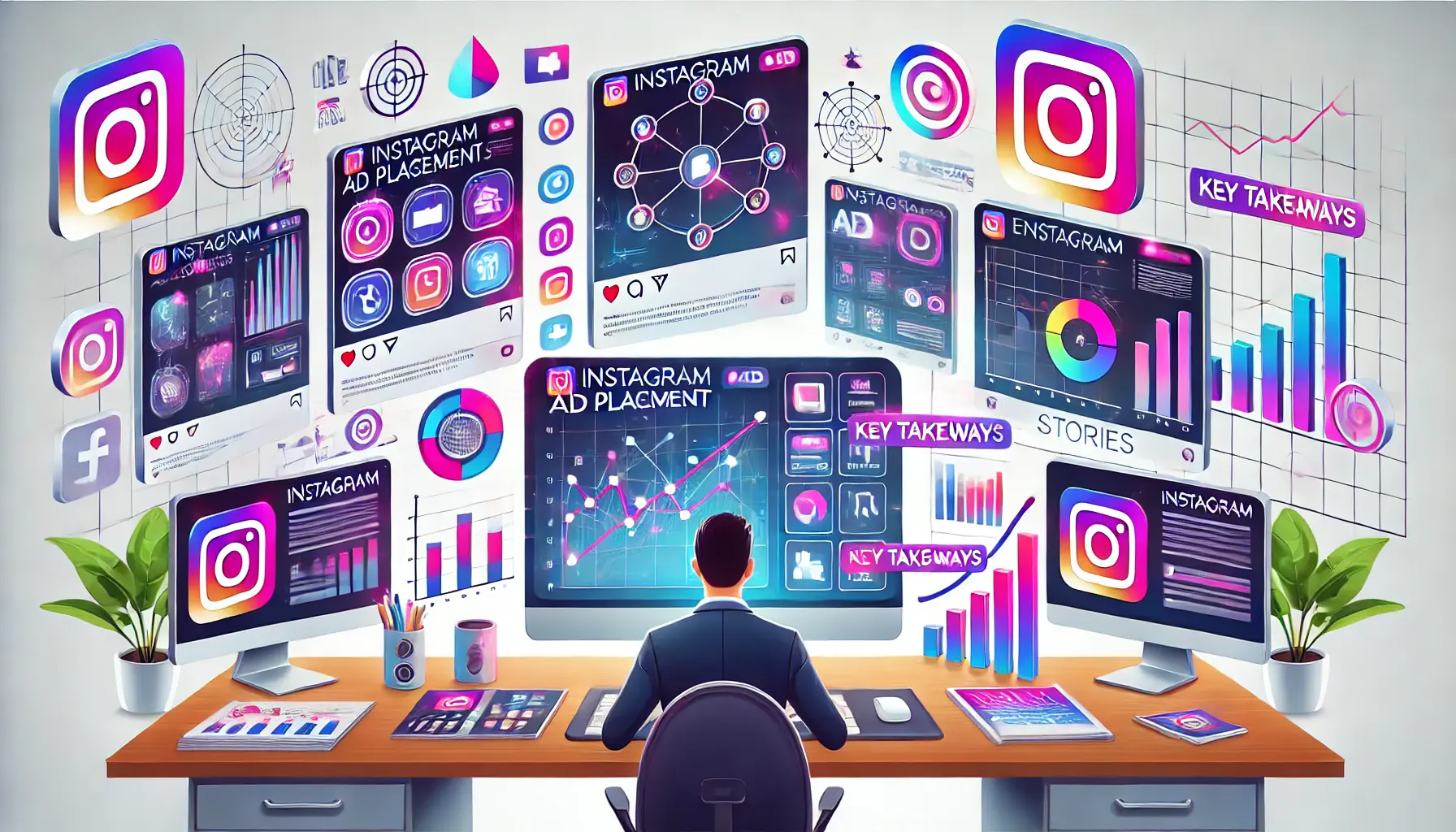 A marketing professional analyzing Instagram ad placements across Feed, Stories, and Reels on multiple monitors, with floating data visualizations showing engagement metrics and graphs.