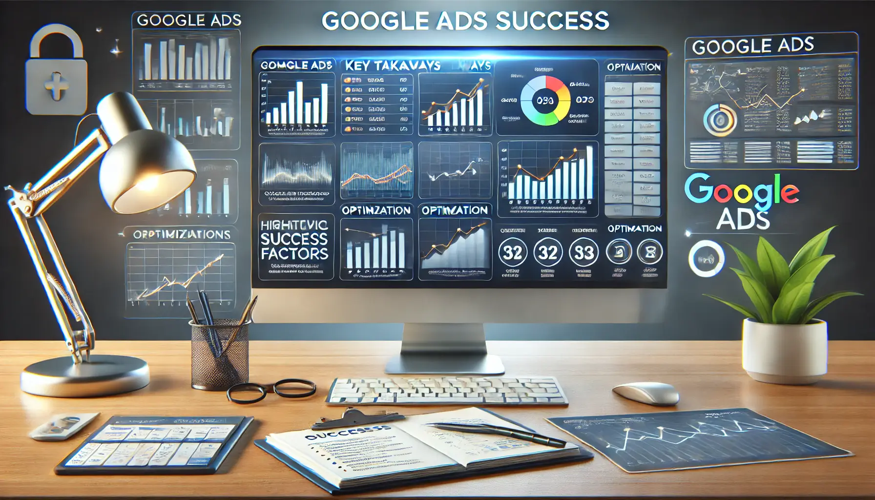 Illustration of a workspace with a computer displaying a summary of Google Ads performance metrics and optimization trends.