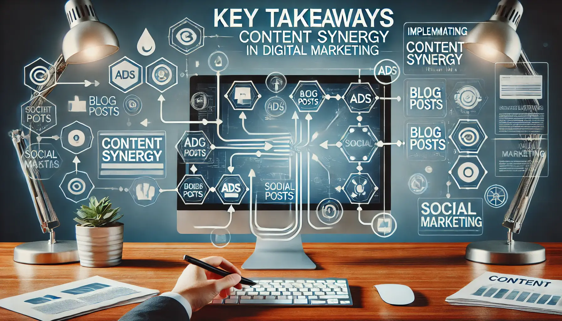 A digital workspace showing a flowchart with interconnected content elements like ads, blog posts, and social media posts, symbolizing content synergy.