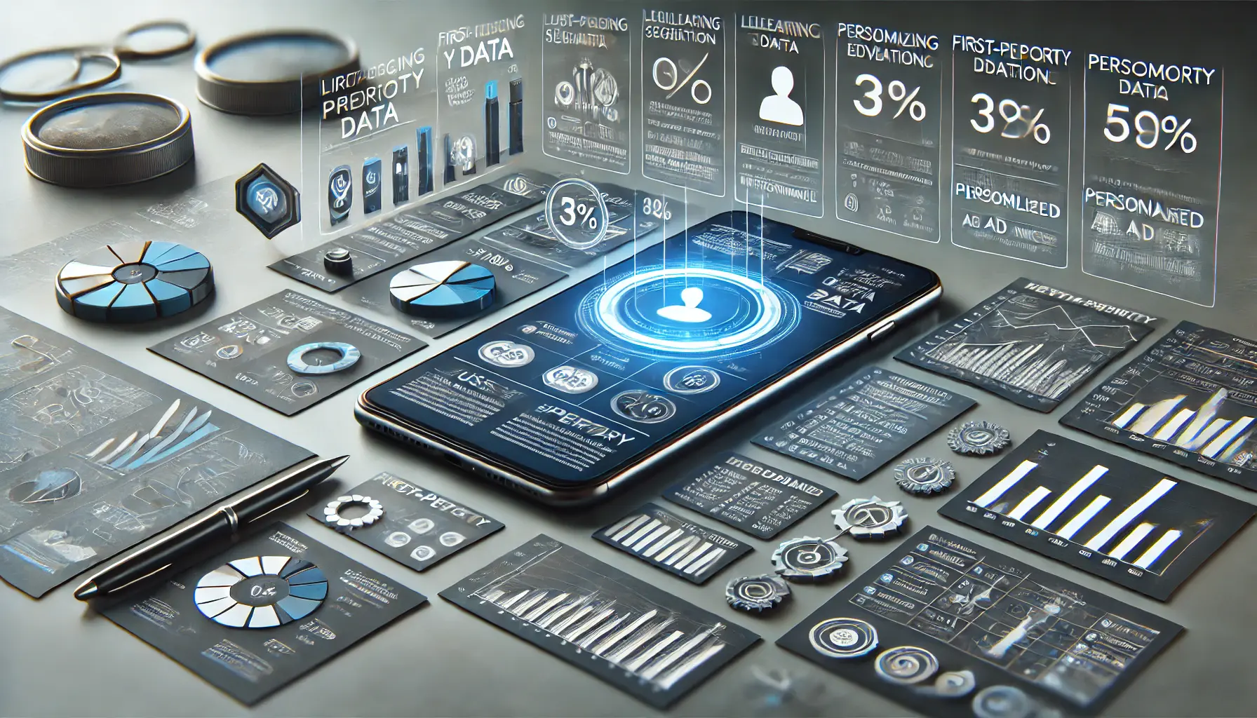 An image showing a smartphone with a dashboard displaying key performance metrics such as user segmentation, engagement rates, and personalized ad performance.