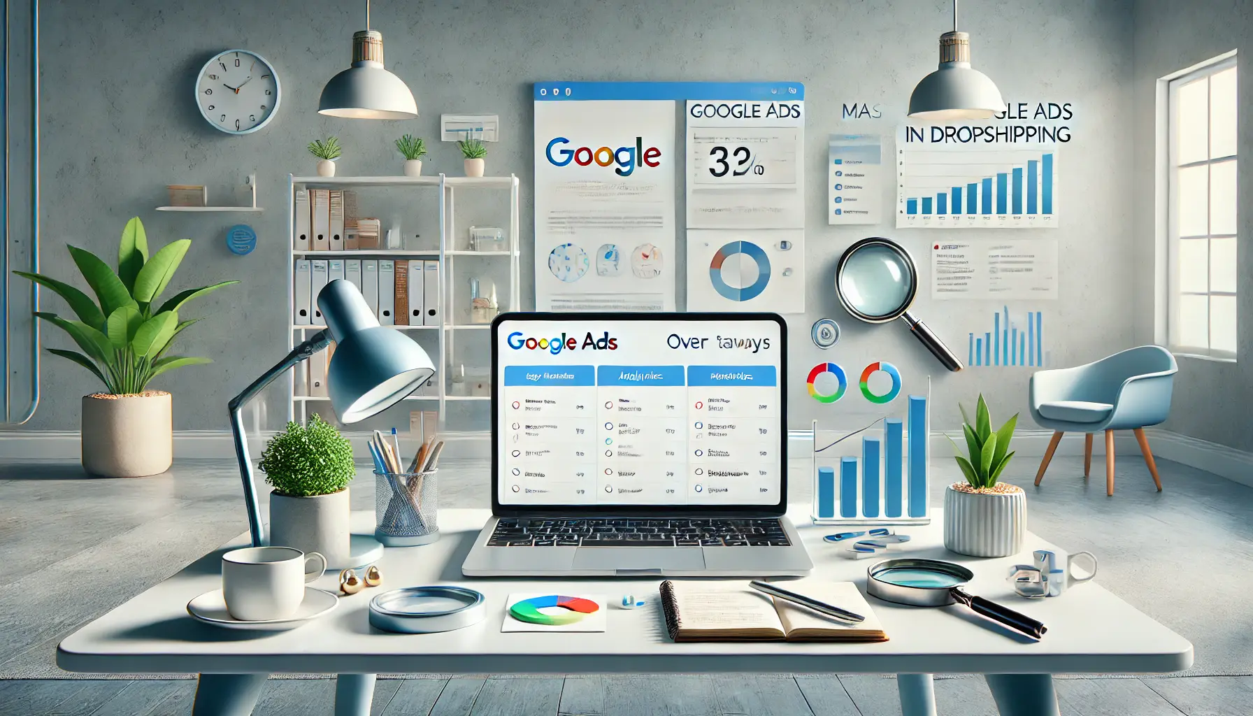 A workspace featuring a laptop displaying a Google Ads overview dashboard, surrounded by a checklist, analytics charts, and product images symbolizing e-commerce.