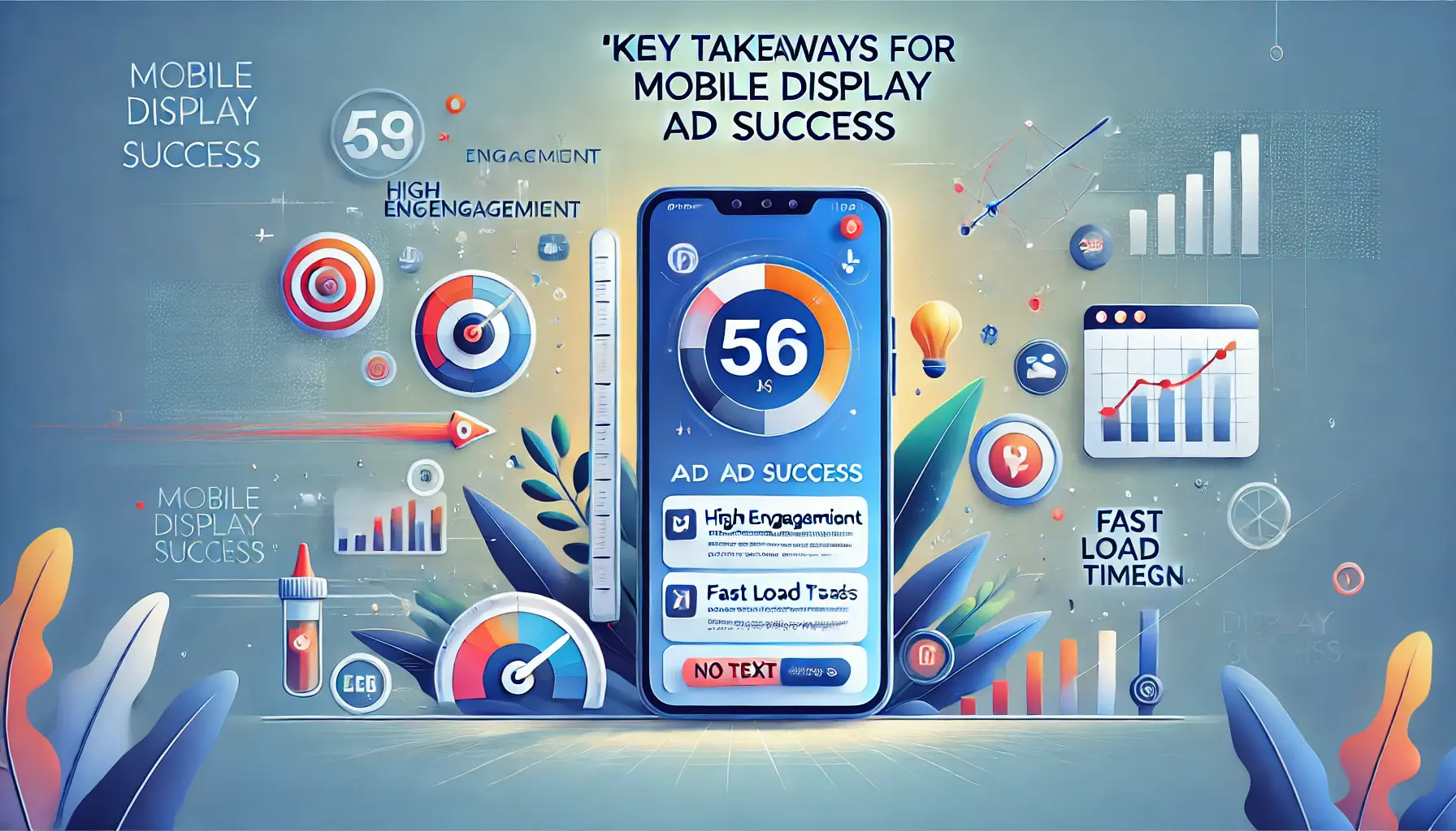 A smartphone displaying a successful mobile ad with icons representing key elements like engagement, load times, and responsive design.