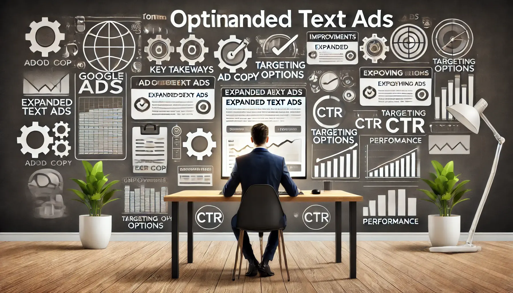 A digital marketer reviewing a dashboard with elements like ad copy improvements, performance metrics, and optimization icons.