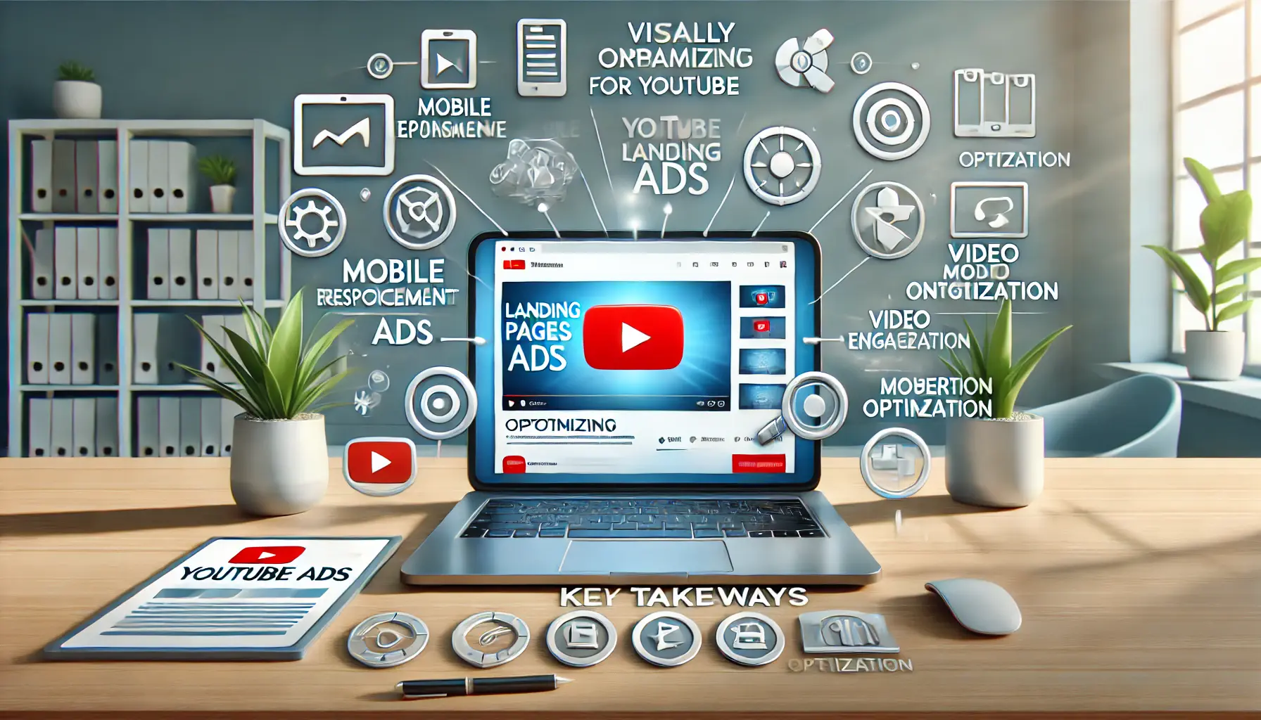 A laptop displaying an optimized YouTube ad landing page, surrounded by icons for mobile responsiveness, user engagement, and conversion optimization.