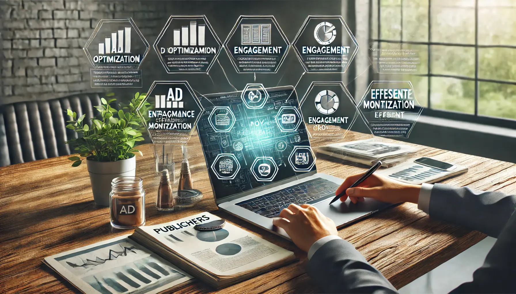 An image showing a laptop displaying a summary of digital advertising strategies, with icons representing ad management, analytics, and revenue growth.