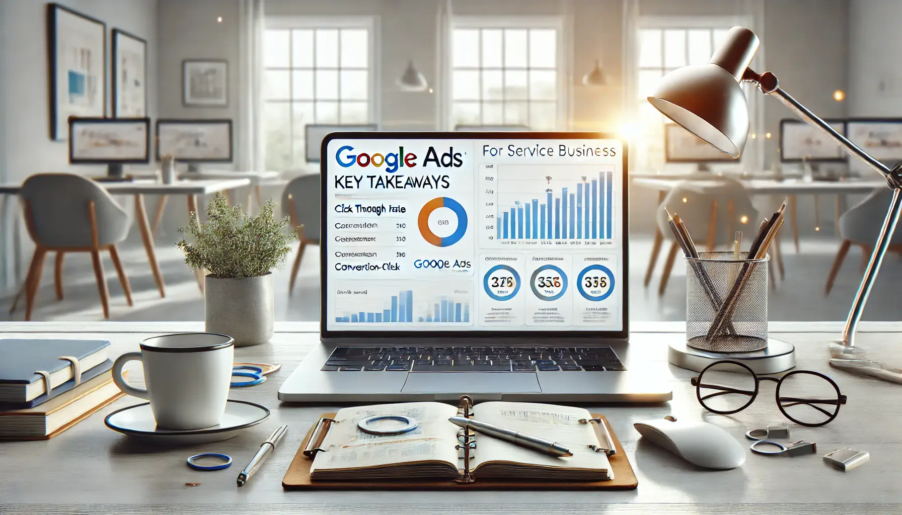 A modern office workspace with a laptop displaying a Google Ads campaign dashboard showing key performance metrics like click-through rate and conversion rates, surrounded by a notepad, coffee cup, and pen.