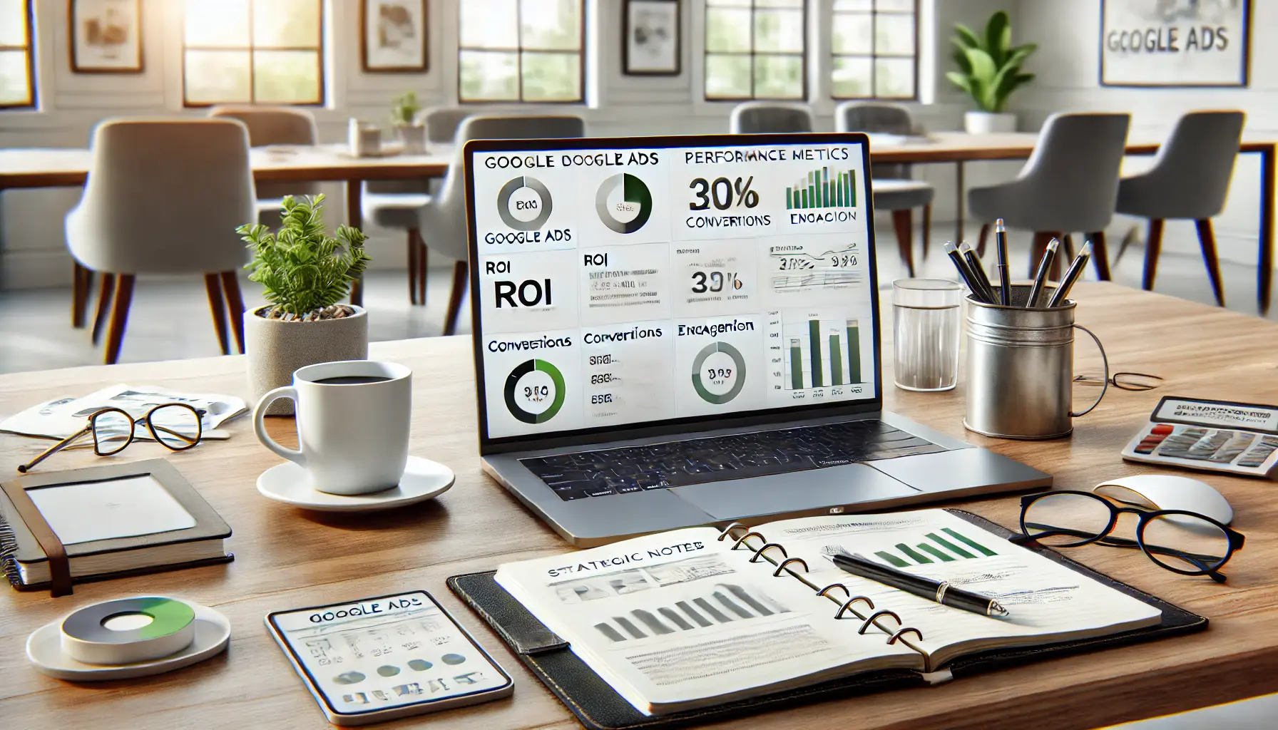 A laptop displaying key Google Ads performance metrics like ROI, conversions, and engagement, set on a desk with a notebook, coffee mug, and tablet.