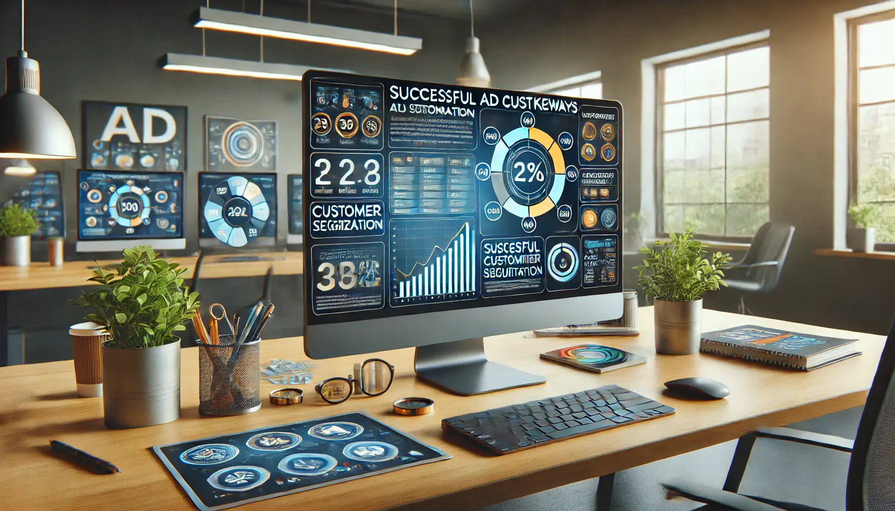 A modern digital workspace with a computer screen displaying a customized ad dashboard and elements representing customer segmentation, analytics, and engagement metrics.