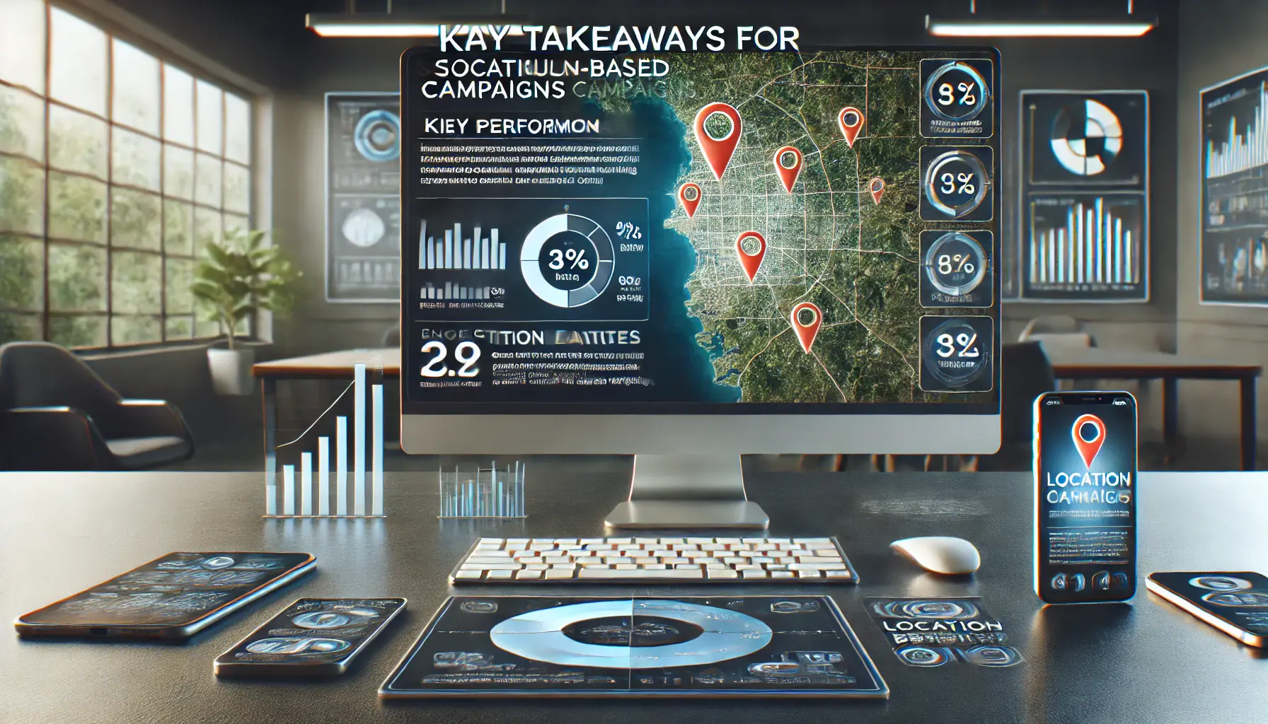 A digital workspace with a computer screen showing key performance metrics such as engagement and conversion rates, along with a map highlighting successful regions and campaign data.