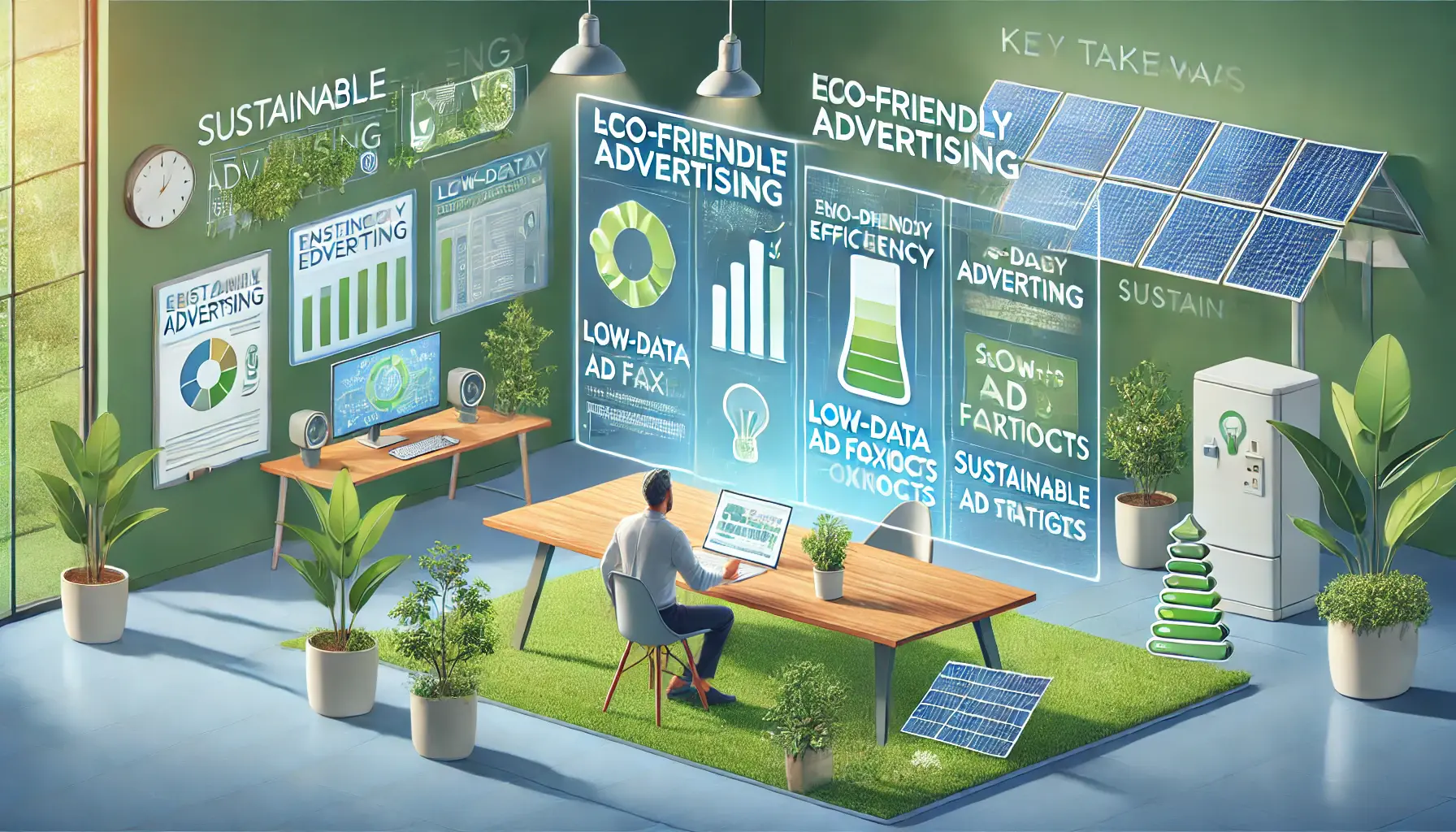 A digital workspace where a person is reviewing eco-friendly advertising strategies on a screen, with surrounding elements like green energy icons, solar panels, and plants.