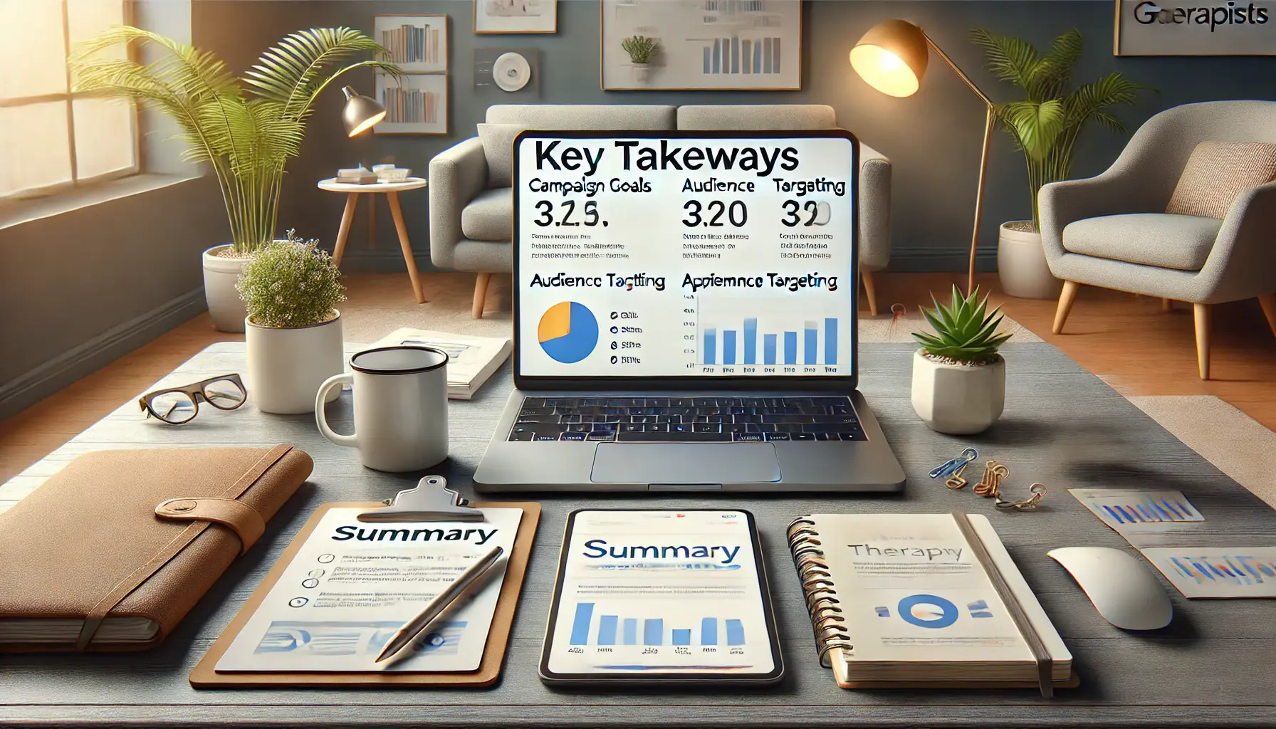 An image showing a laptop with a summary dashboard highlighting Google Ads strategies, surrounded by tools in a therapy office setting.