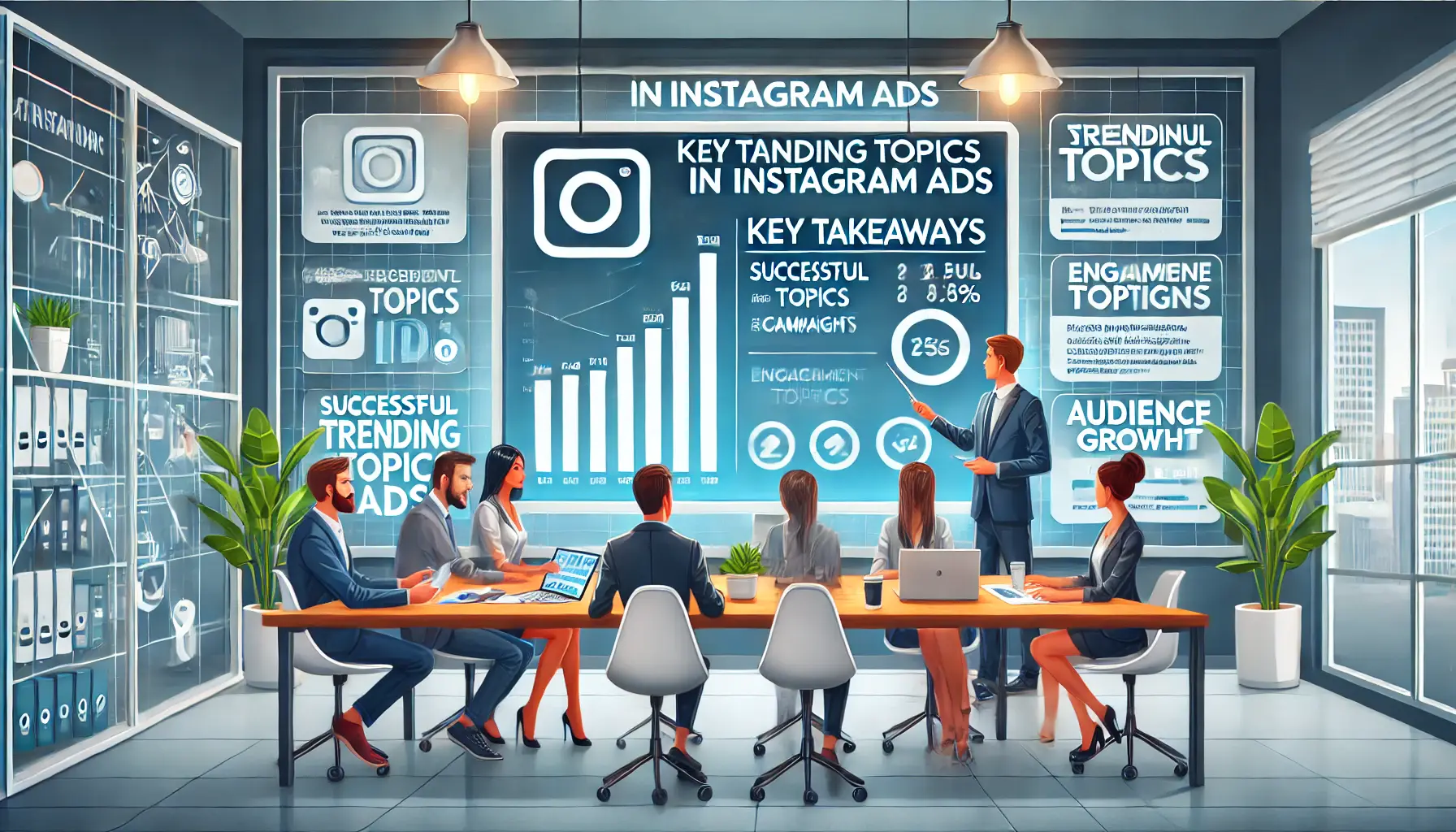 A digital marketing team reviewing key takeaways for using trending topics effectively in Instagram ads, with insights displayed on a screen.