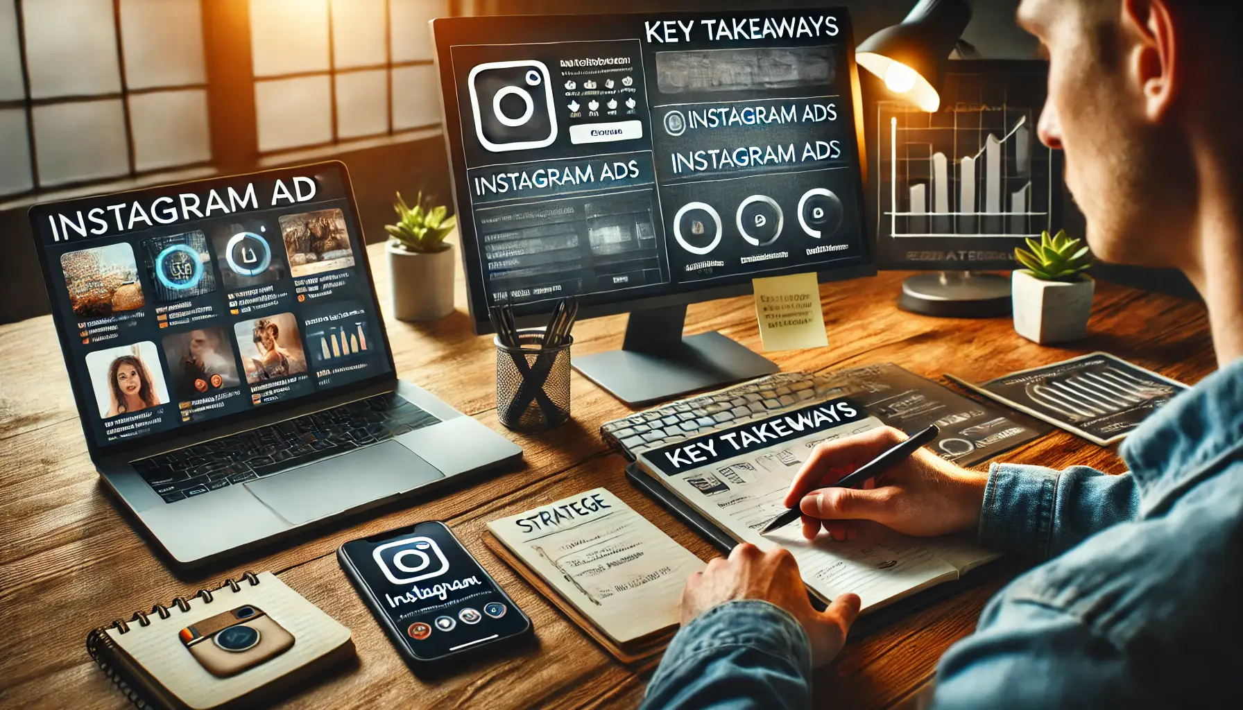 A digital marketer reviewing an Instagram ad strategy on a tablet, with performance metrics and insights displayed on a computer screen and nearby devices.