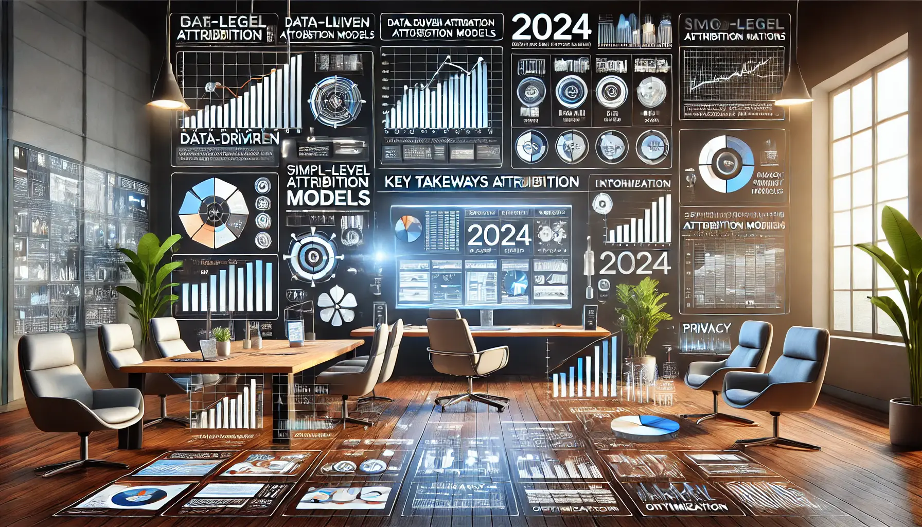 A modern digital marketing workspace displaying performance metrics, simplified attribution models, and charts showing insights from the 2024 updates.