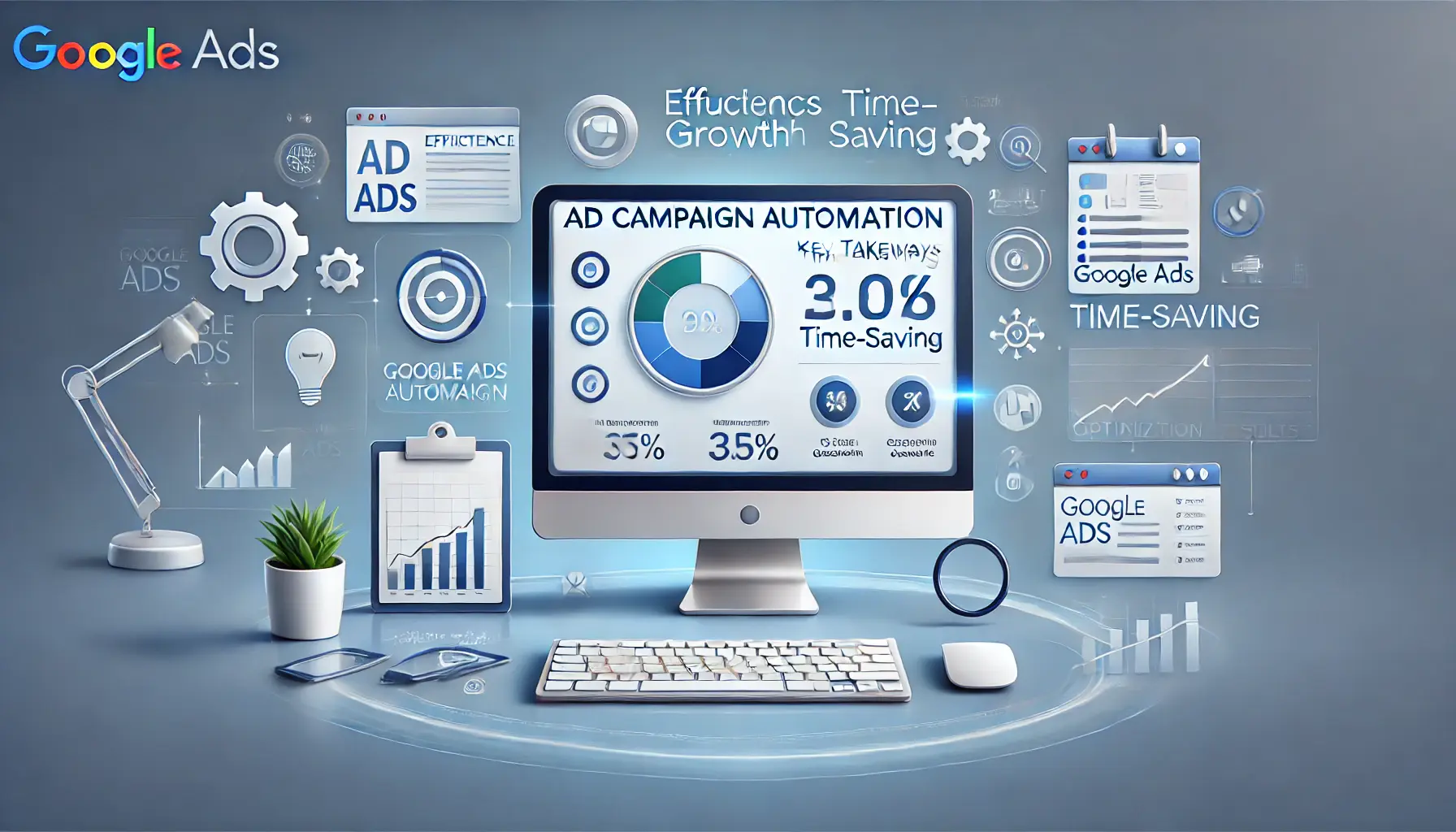 A digital workspace with a computer screen displaying key metrics and icons representing efficiency, growth, and optimization.