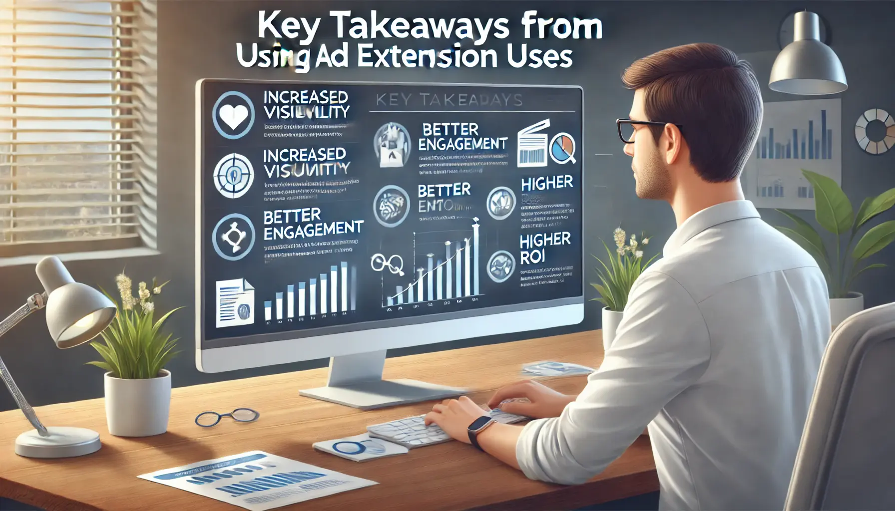 A digital marketing professional reviewing key benefits of ad extensions, such as increased visibility and ROI, on a computer screen with performance metrics and icons.