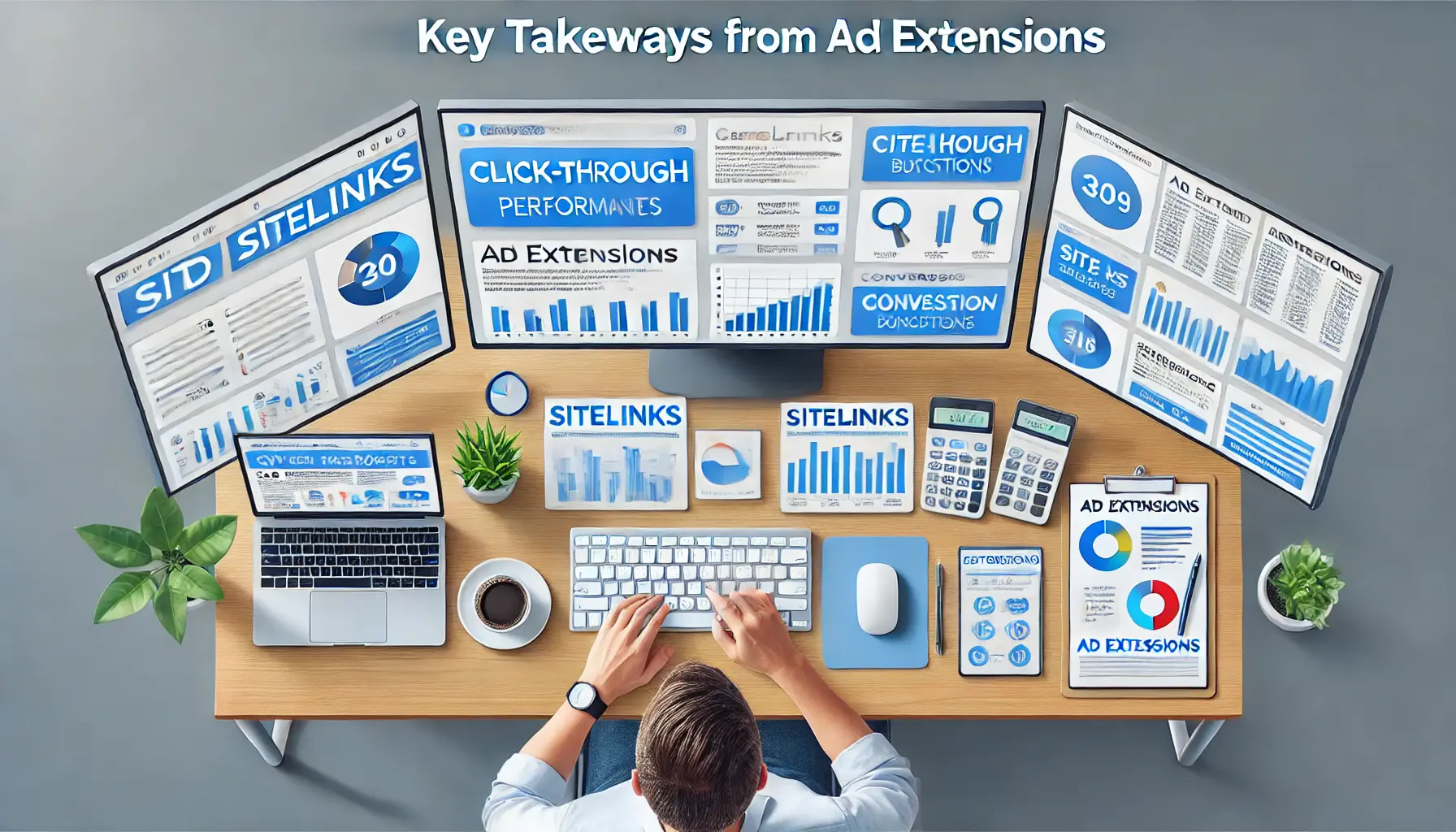 A digital marketing professional reviewing key performance metrics on a dashboard with multiple monitors displaying ad extensions.