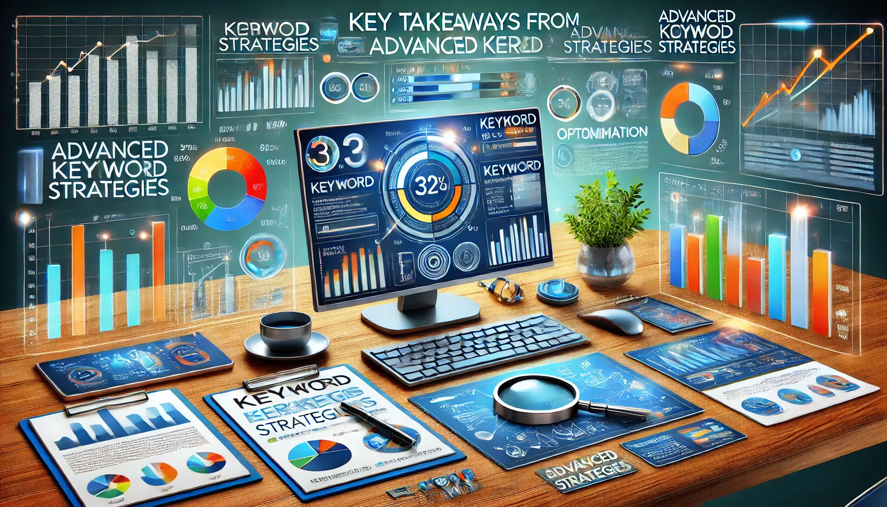 A digital workspace showcasing keyword data, performance metrics, and optimization indicators for advanced keyword strategies.