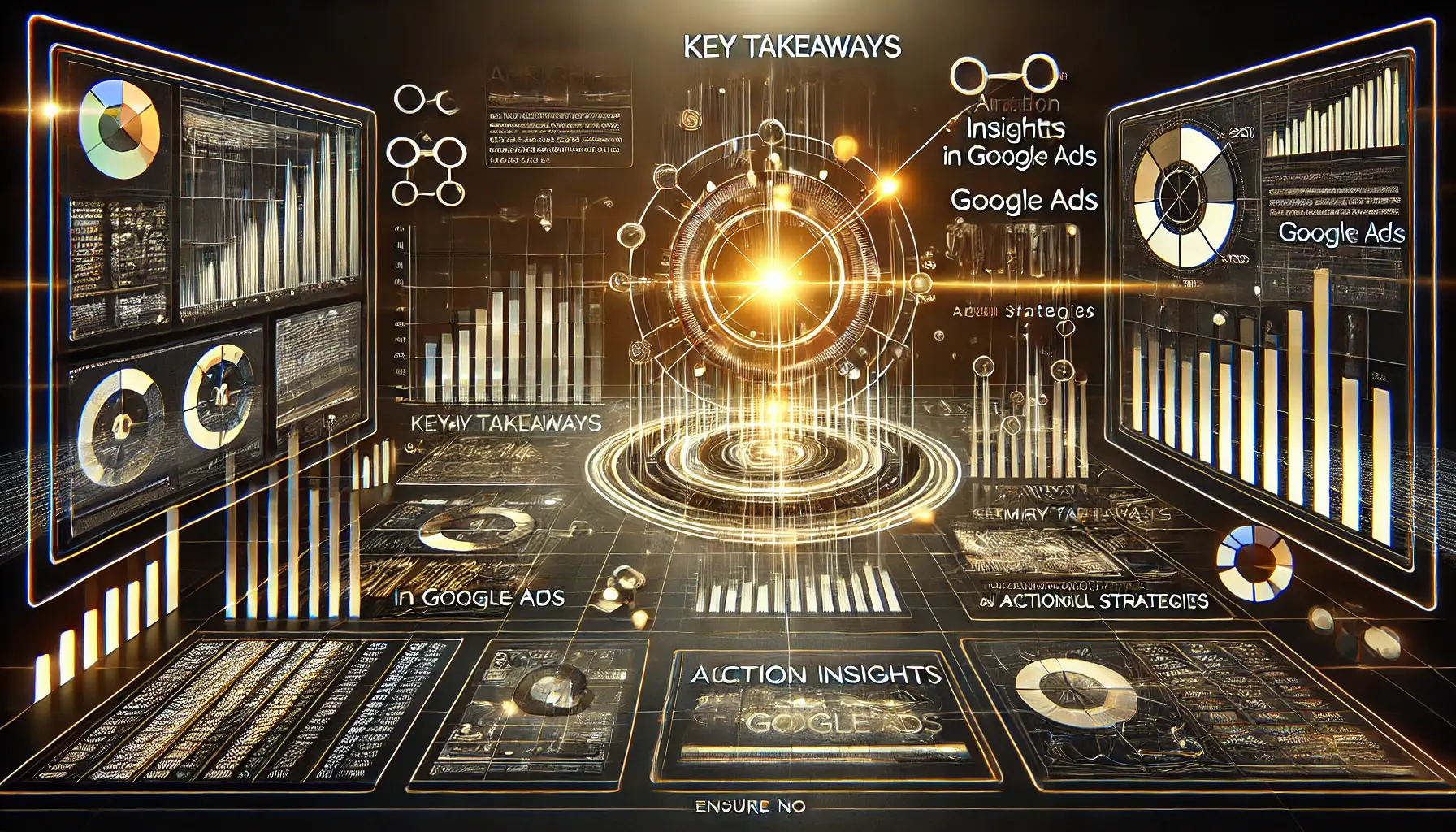 A futuristic dashboard showcasing summary graphs and key metrics representing key takeaways from auction insights.