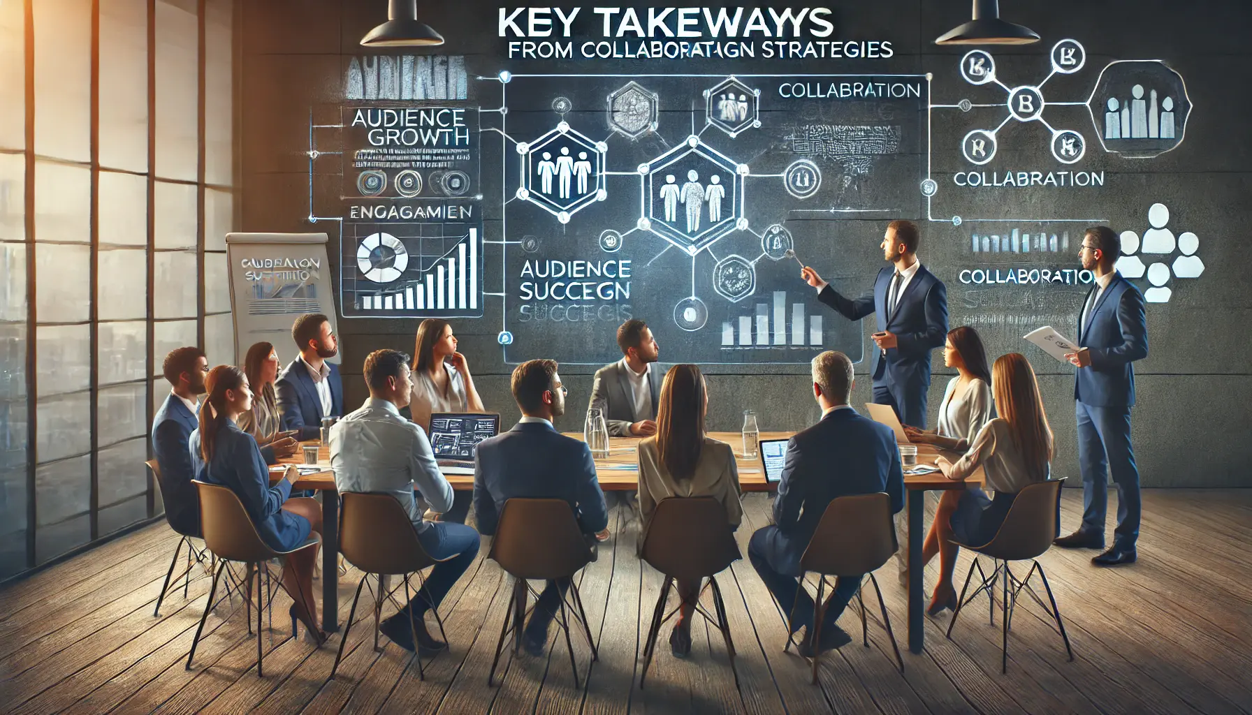 Image of a diverse team reviewing a digital presentation with campaign success metrics displayed on a large screen.