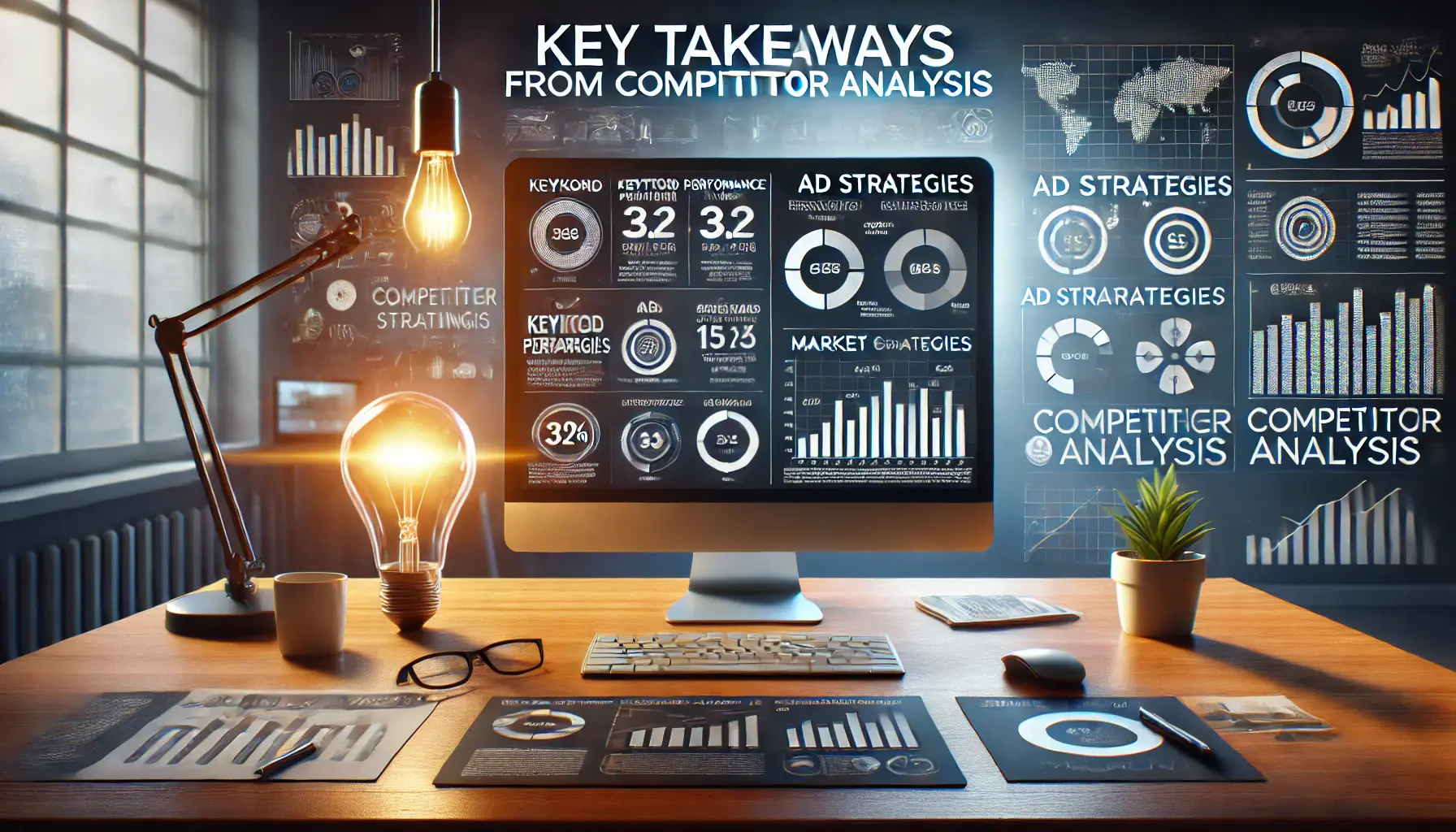 A professional workspace featuring a computer screen with summarized analytics highlighting metrics like keyword performance and ad strategies, surrounded by graphs and light bulb icons symbolizing insights.