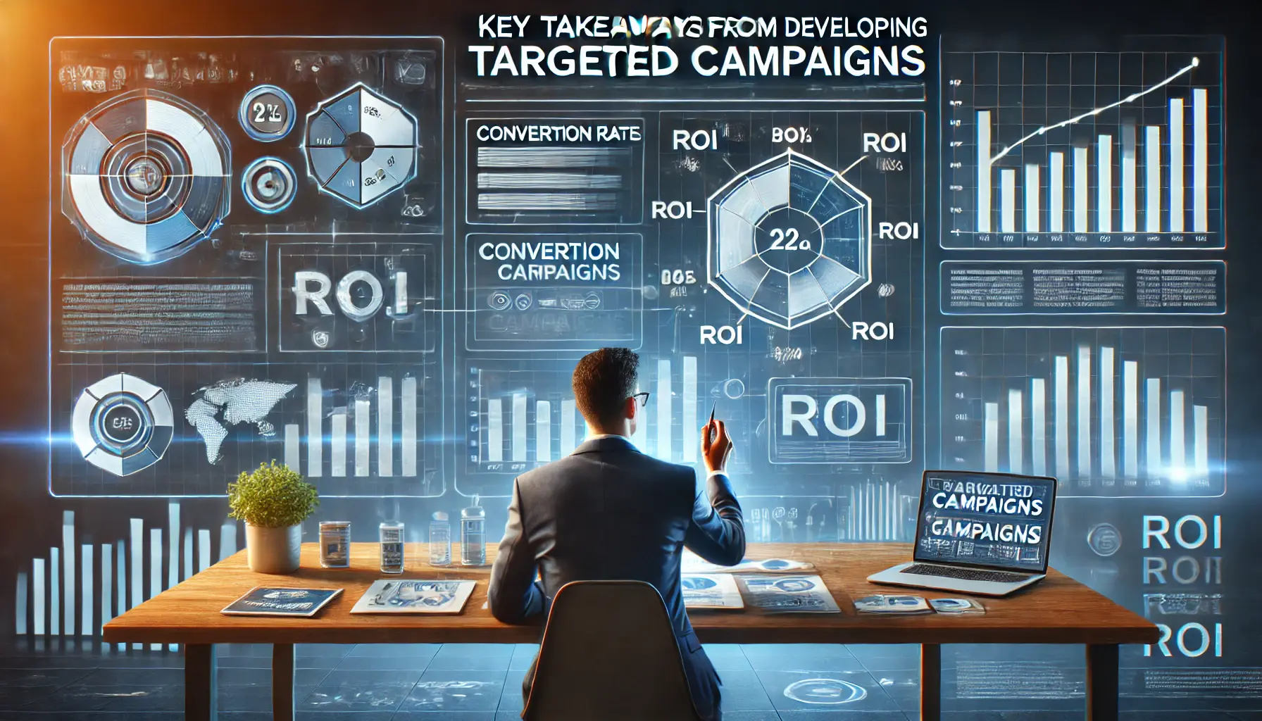 An illustration of a marketer analyzing key campaign takeaways, including performance metrics and engagement data.