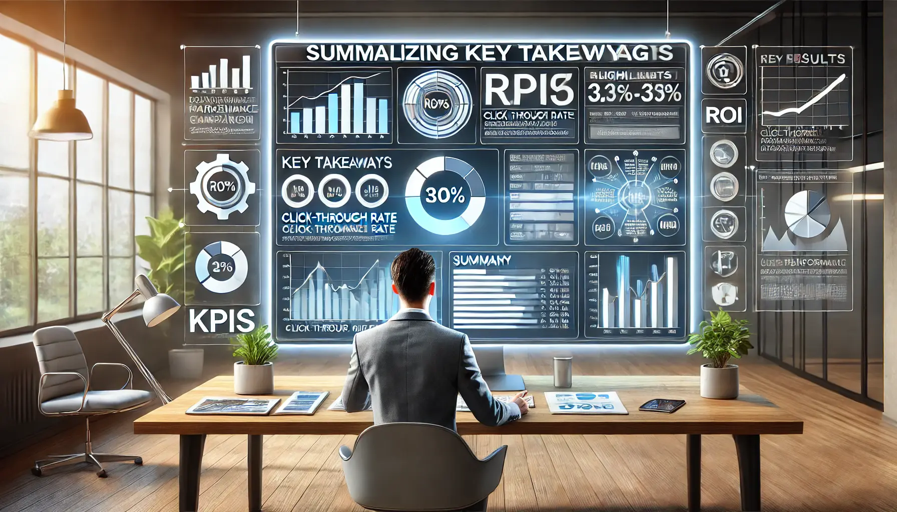 A marketer reviewing summary charts and key performance indicators (KPIs) from a digital marketing campaign on a large screen.