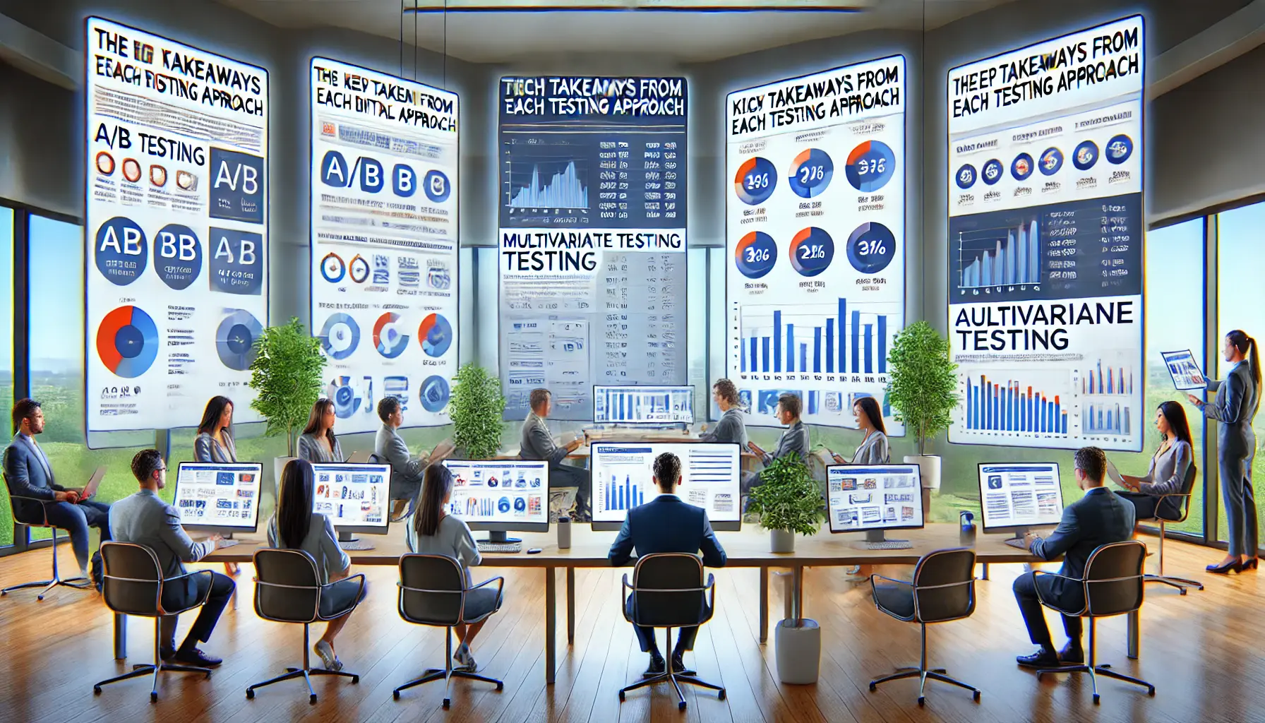 A digital marketer reviewing the key takeaways from A/B testing, multivariate testing, and audience segmentation in a modern office.