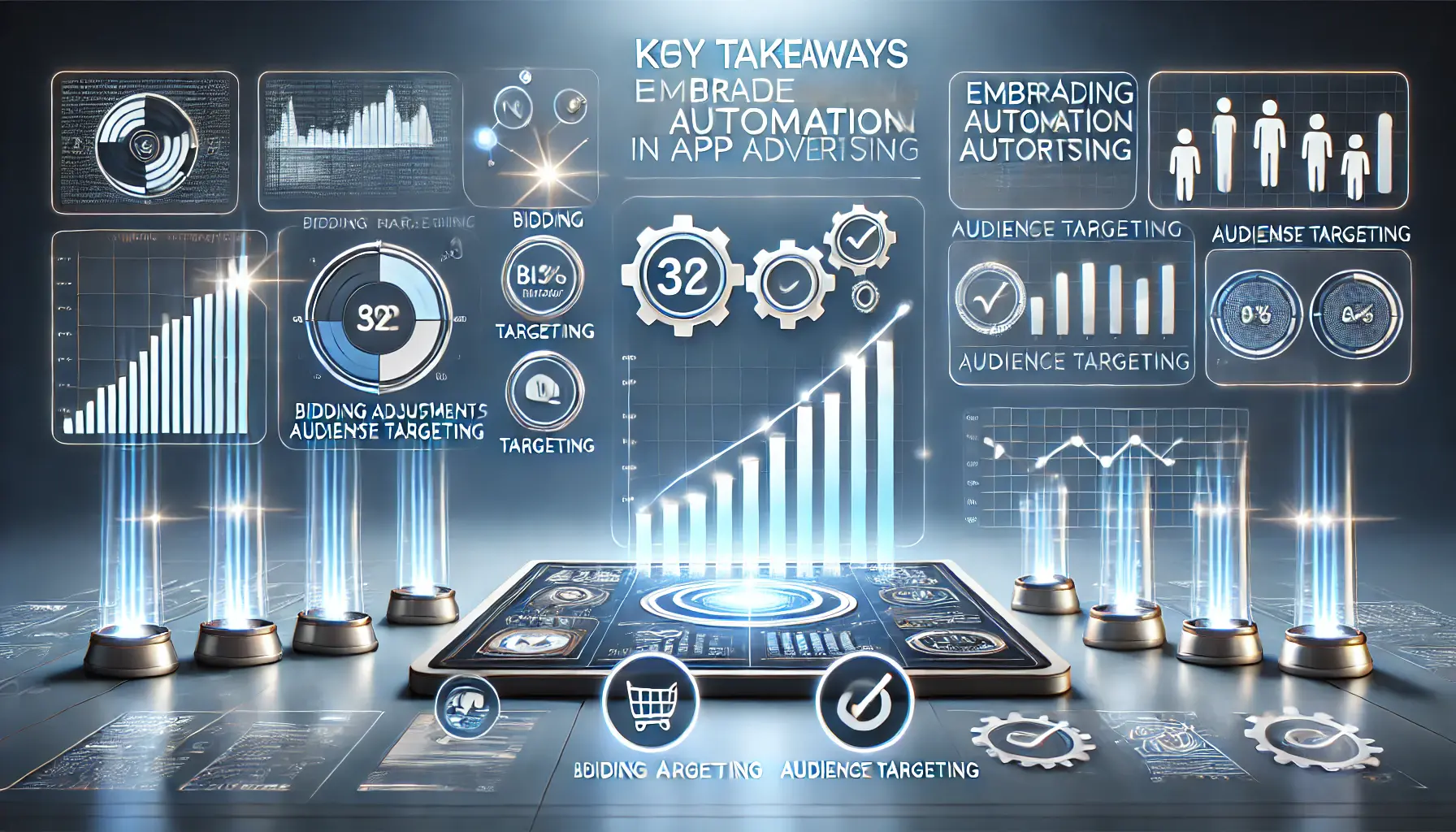 A digital interface displaying automated tools like bidding adjustments, audience targeting, and performance graphs, symbolizing key takeaways from embracing automation.