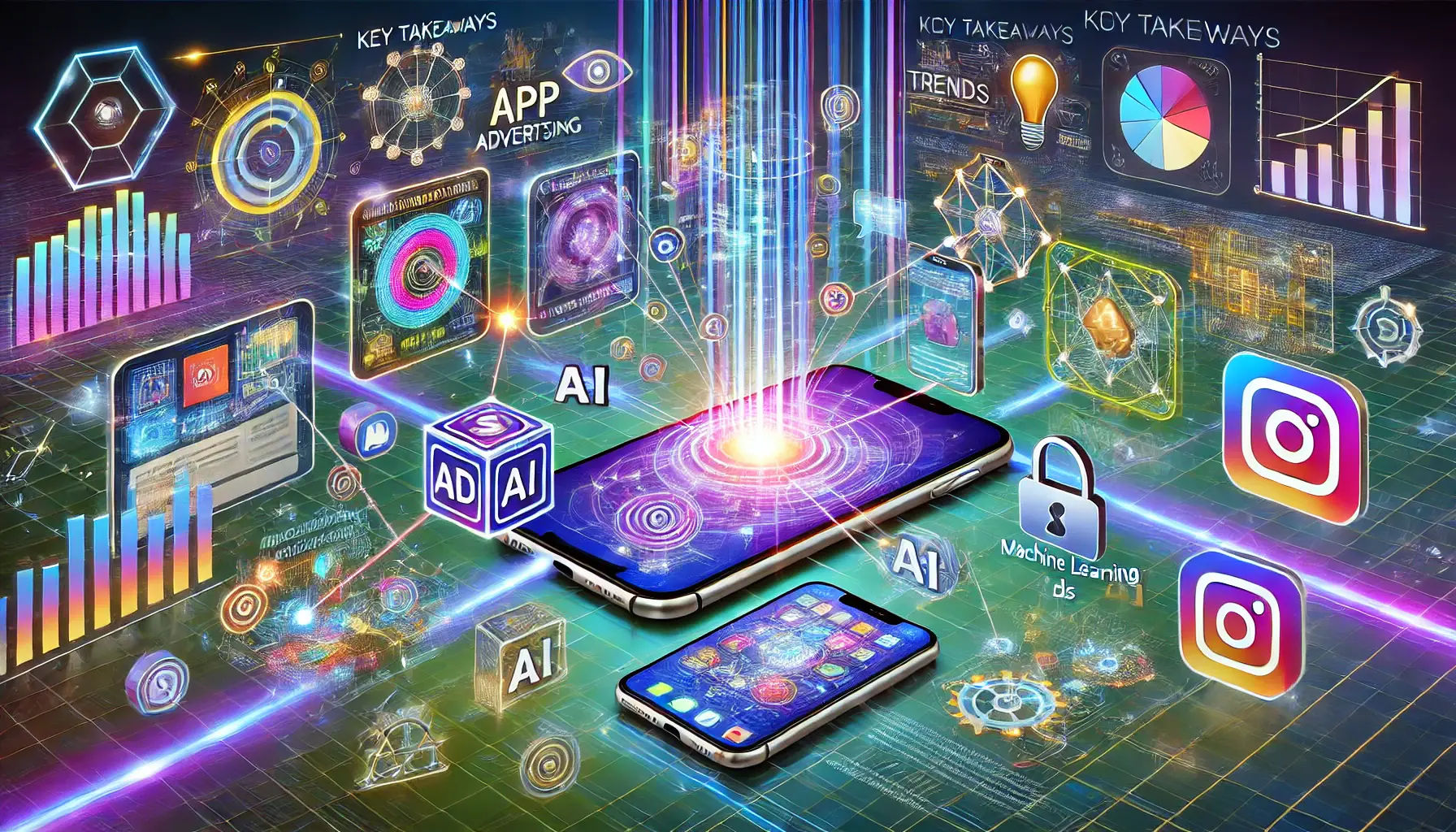 A dynamic digital scene with mobile devices, holographic ads, and AI technologies interconnected with data streams, symbolizing emerging trends in app advertising.