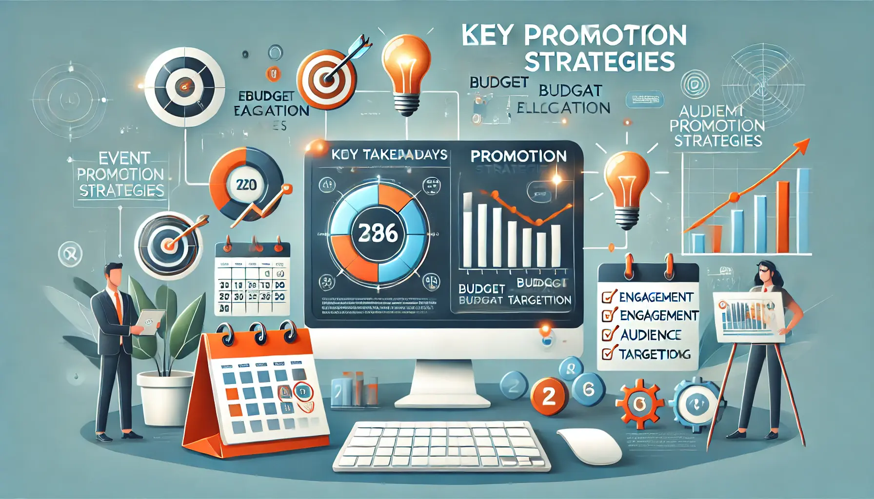 An illustration of key takeaways from event promotion strategies, featuring metrics, planning symbols, and audience targeting tools.